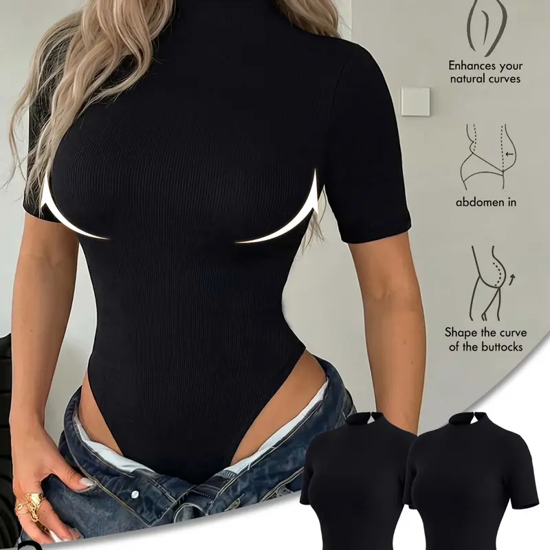 2 Piece High Stretch Body-Hugging Tummy Control Butt Lifting Shapewear Bodysuit, Breathable Short Sleeve Slimming Shapewear for Women, Abdomen Control Shapewear