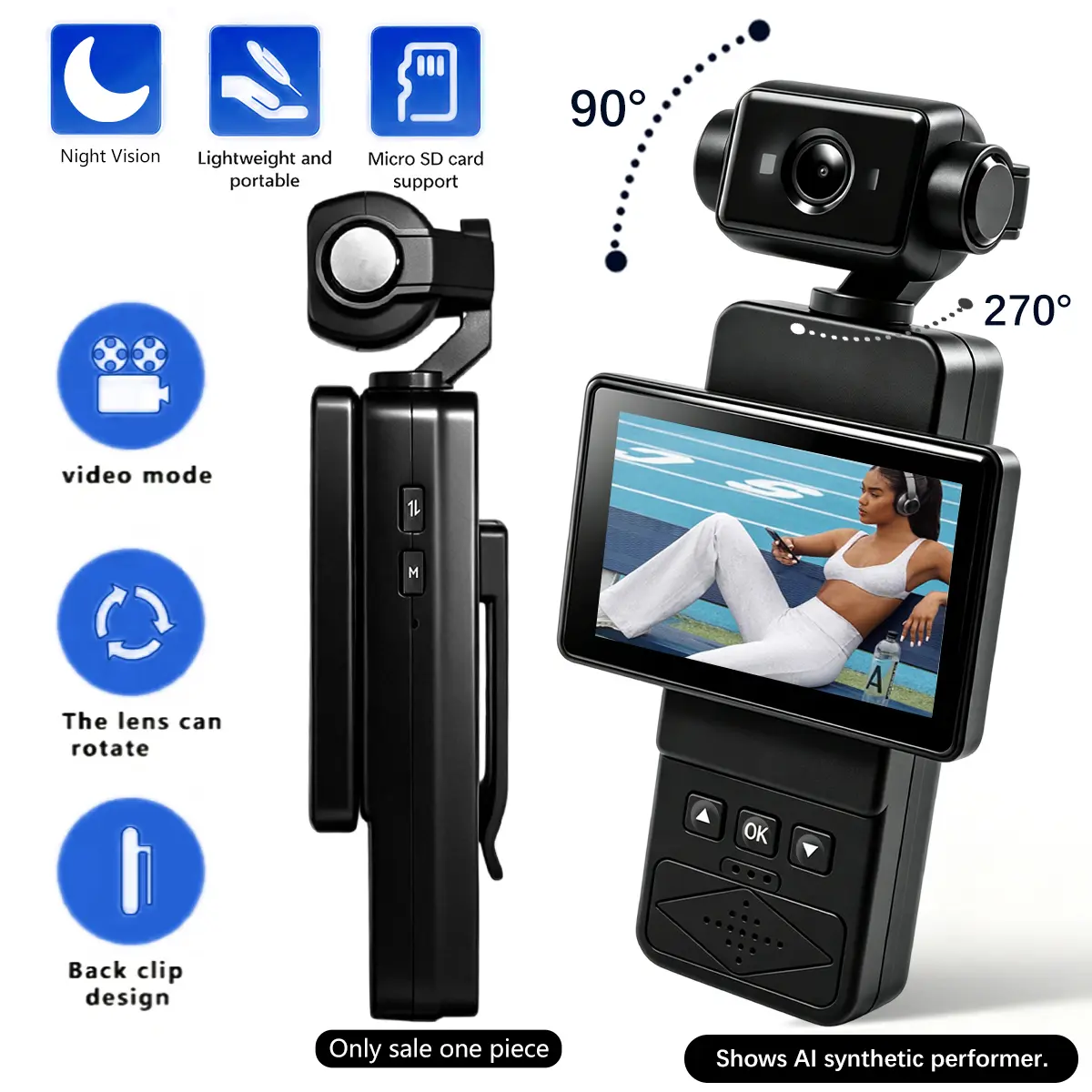 Mini Body Camera, POV camera with 90° Flip Screen & 270° Rotatable Lens, Vlogging Camera with Audio & Video Recording, Long Battery Portable Body Cam, Wearable Body Camera for Outdoor Sports Hiking Running Cycling