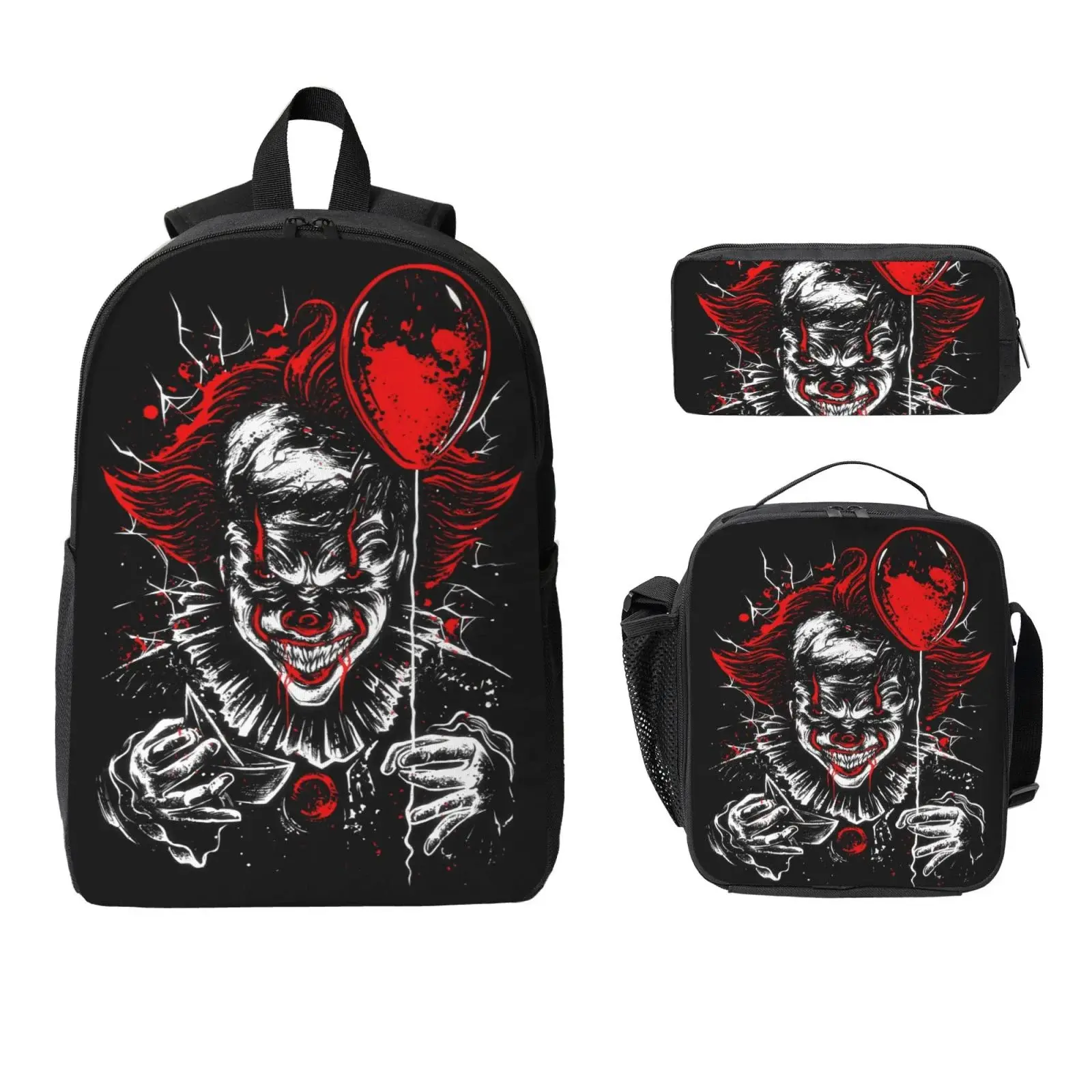 Anime Cartoon Horrible Pennywise 3pcs Game Backpack Set, 17inch Daypack With Lunch Box And Pencil Case, Casual Large Capacity College Laptop Bag Travel Gifts