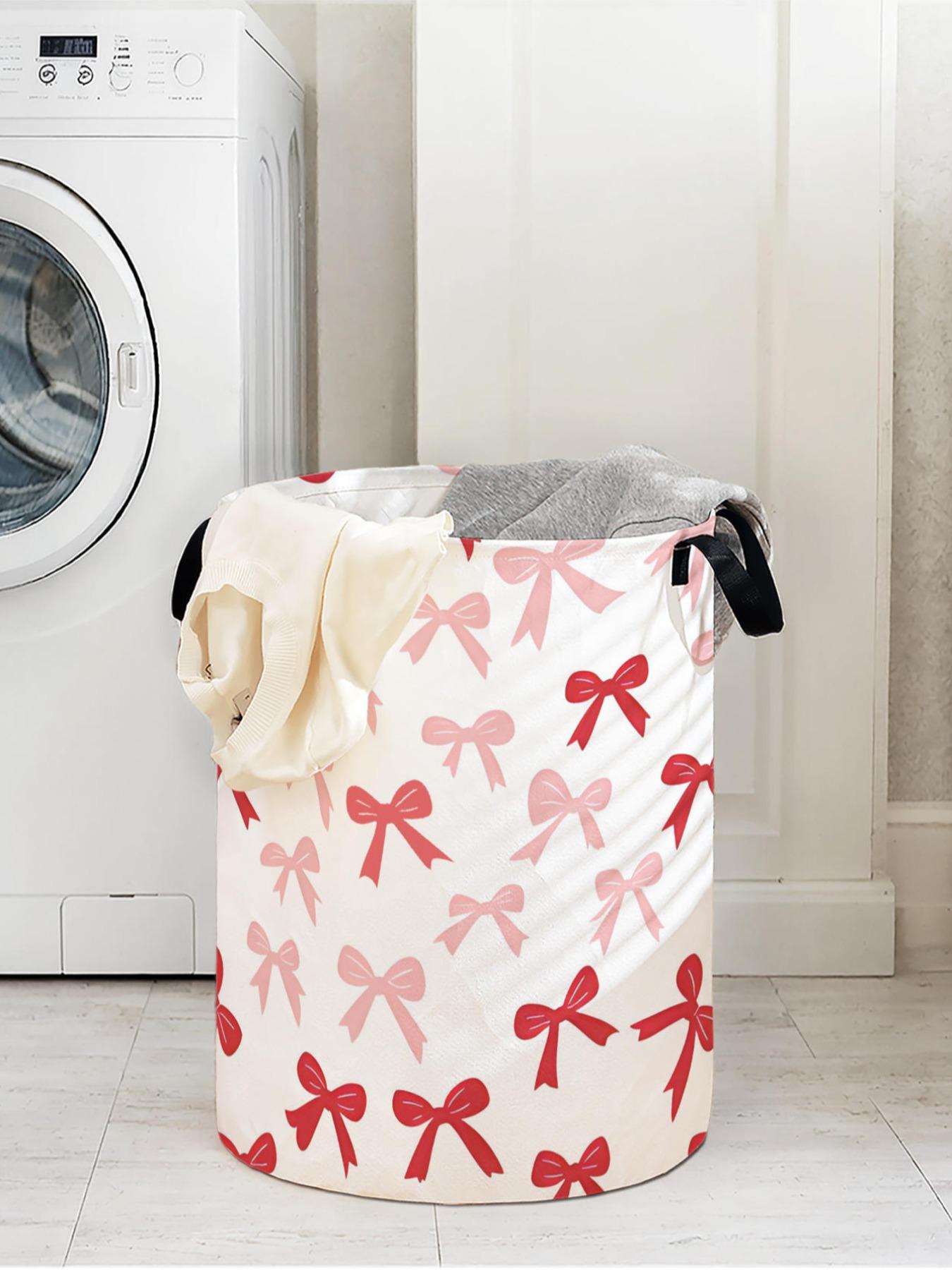 1 laundry basket, laundry basket with handle and printed bow pattern, household foldable laundry basket made of wear-resistant material, large capacity laundry basket, toy storage box