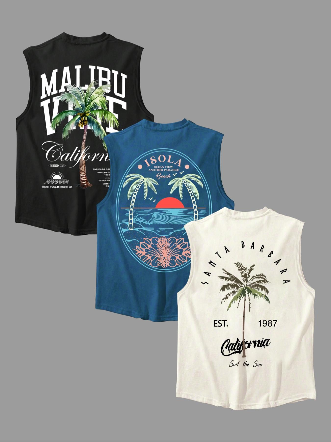 Men's Letter & Palm Tree Print Round Neck Tank Top, Regular Fit Casual Graphic Sleeveless Vest for Summer, Men's Top for Daily Wear, Menswear, Tank Tops Workout