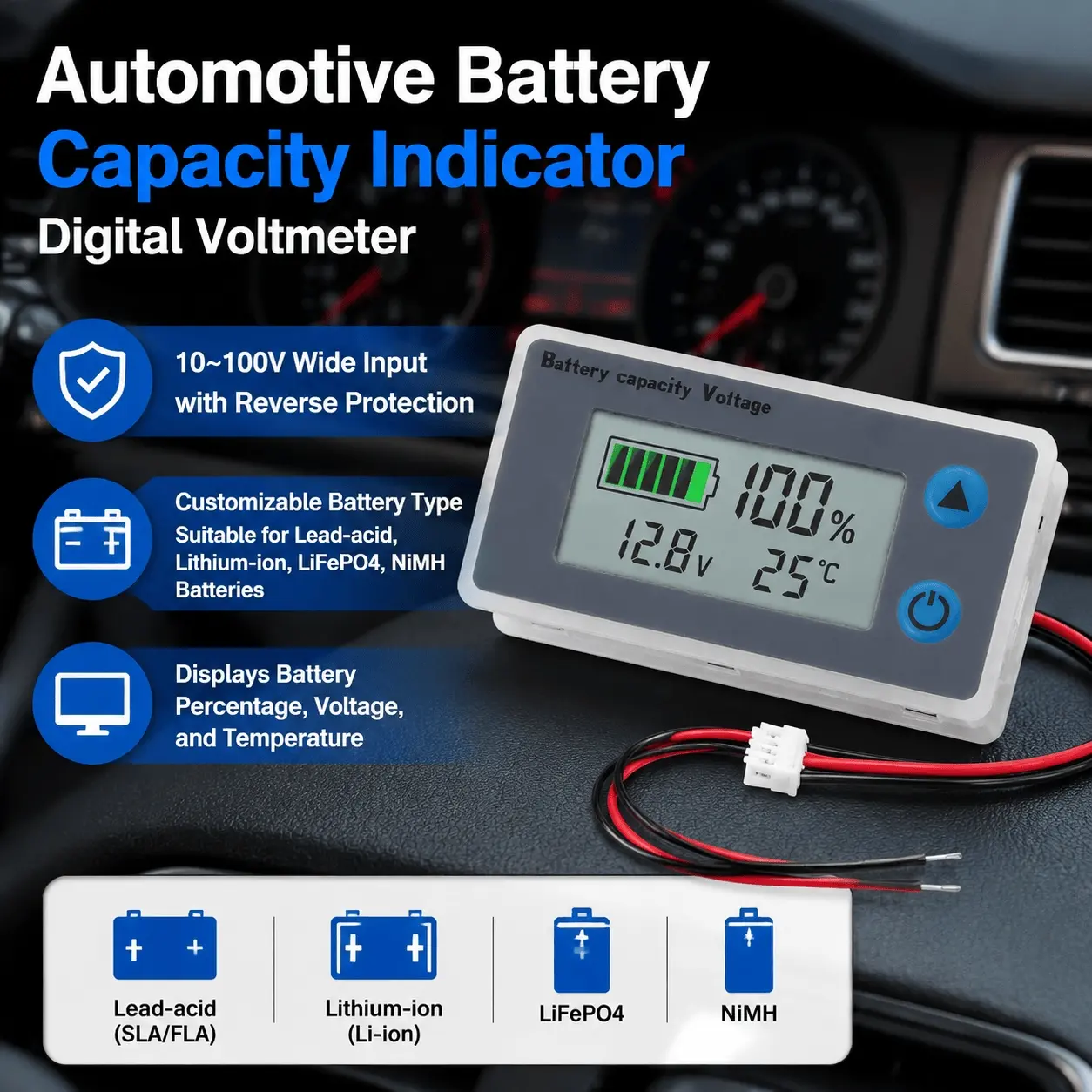 Programmable Battery Capacity Monitor 10-100V with LCD, Voltage Temperature Meter for 12V 24V 36V 48V Lithium Batteries, Real-Time Percentage Display, Accurate Health Status Check for Multiple Battery Types