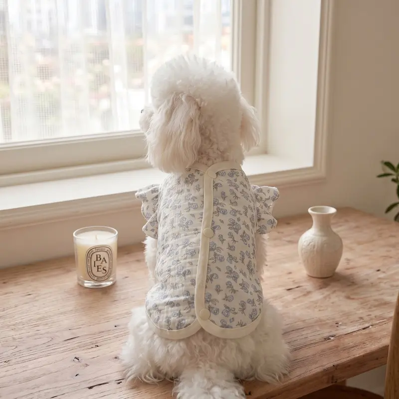 Pet Clothes for Cats and Dogs, Pet Top with Crew Neck Ruffled Flutter Sleeves, Back Button Closure, Blue Gray Small Floral Pattern, White Trim, Round Buttons, Sweet Vintage Style