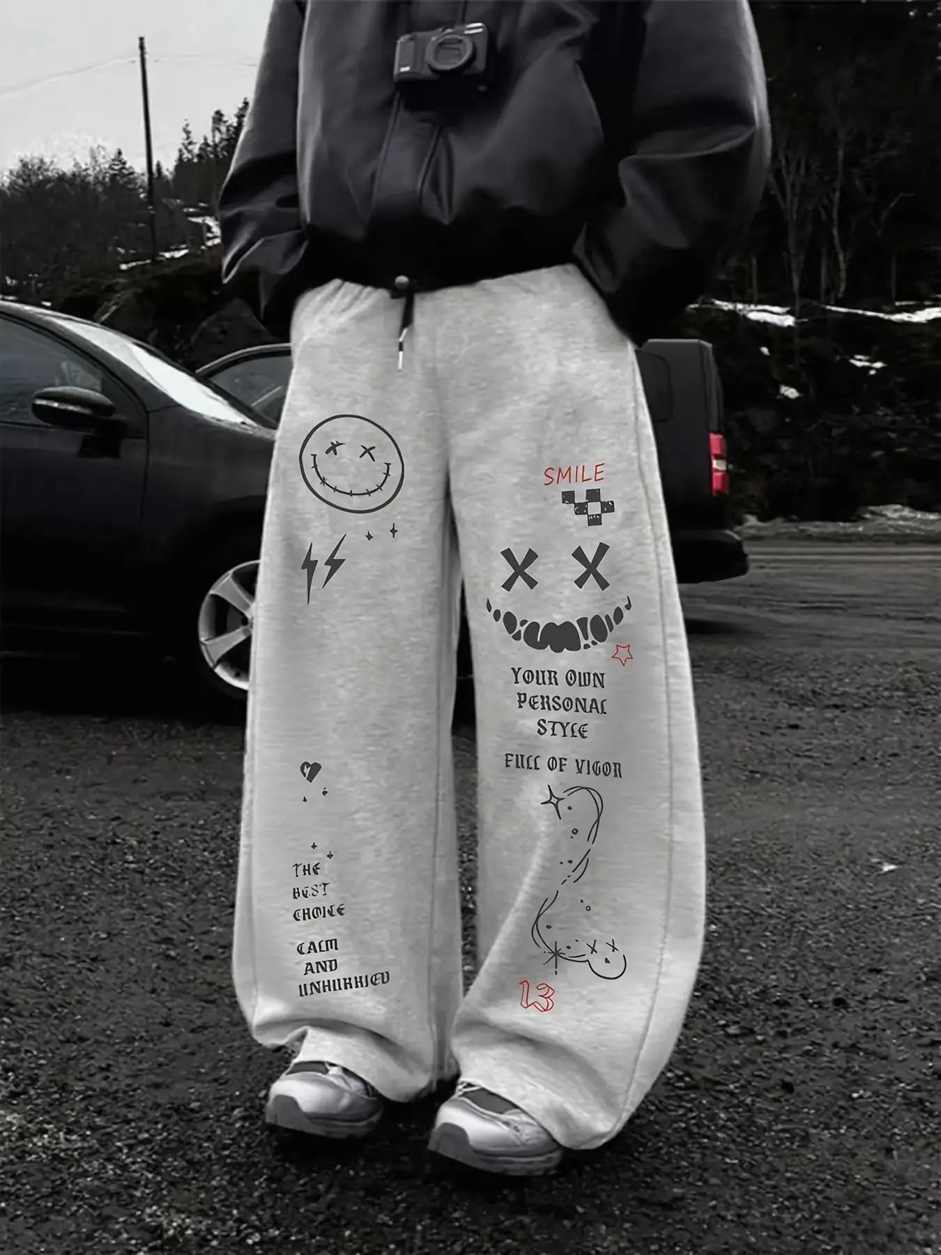 Soft Knit Men's Y2K Retro Casual Pants, Cartoon Smile Face Print, Side Pockets, Loose Fit, Ideal for Teens, All Seasons