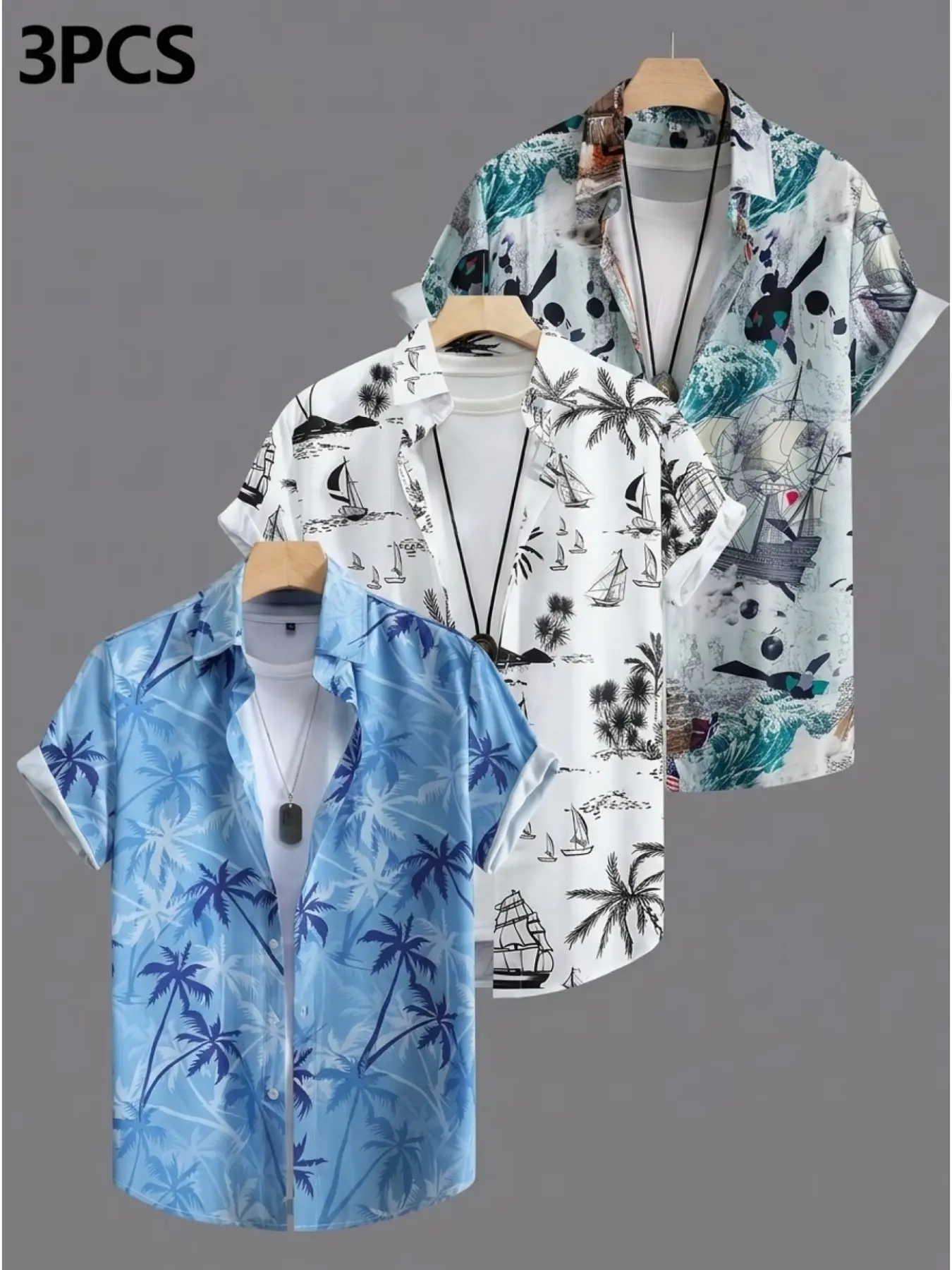 Men's 3-Piece Tropical Nautical Print Shirt Set, Hawaiian Style Multi-Pack Button Beach Shirt, Breathable Summer Wear, Loose-Fitting Casual Blouse
