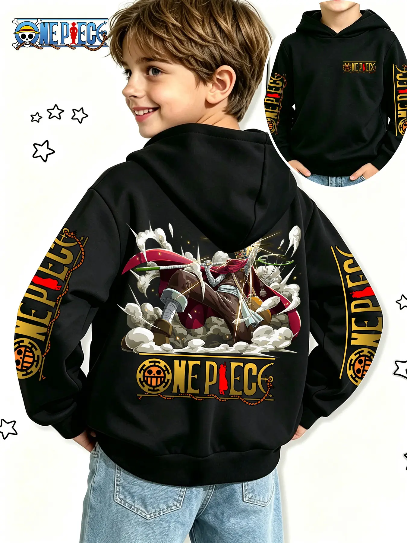 One Piece Official Boys' Anime Sweatshirt, Usopt Battle Scene Print, Spring & Fall Casual Loose Fit Hoodie, Perfect for Gifts & Daily Wear