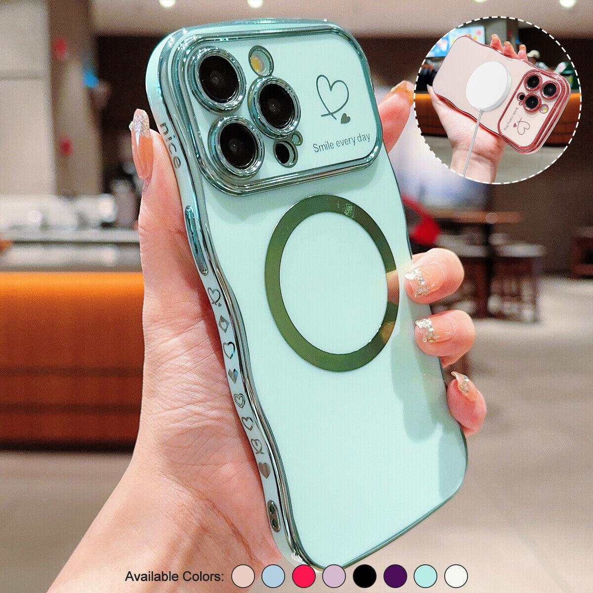 for iPhone 12 13 14 15 16 Pro Max Case Magnetic,for Women Girls Soft Cute Wave Frame Curly Shape Love Heart Luxury Plating Phone Case Compatible with MagSafe Shockproof Back Cover