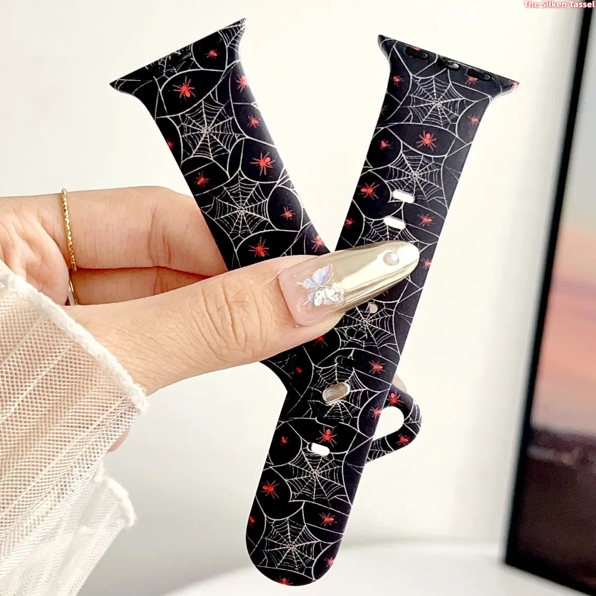 Minimal Black White Spider Web Halloween Silicone Watch Strap For Apple Watch All Sizes Black Base Thin White Web Red Tiny Spider Print Waterproof Wristband Teen Girls Punk Fall Spooky Bracelet