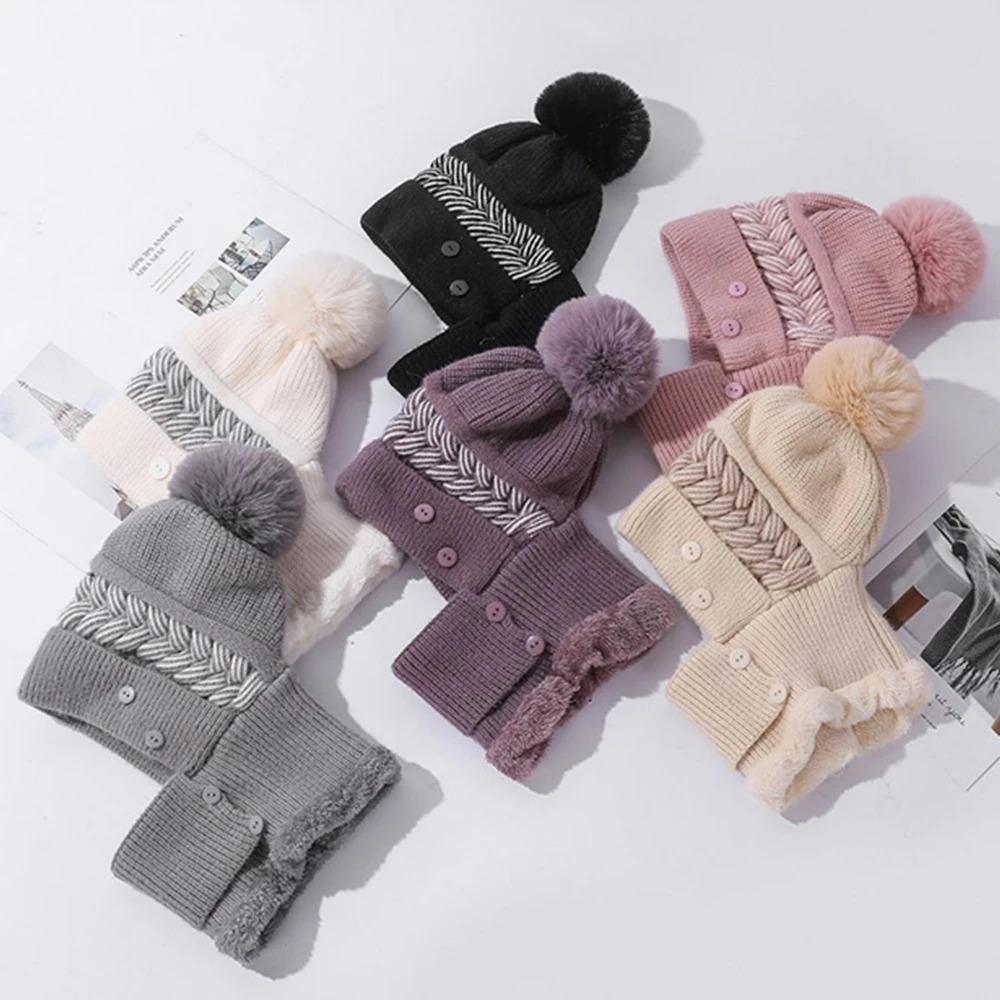 New Style Female Pompoms Winter Hats Plush Fur Lined Keep Warm Winter Hat Women Windproof Coldproof Thicken Balaclava Cap