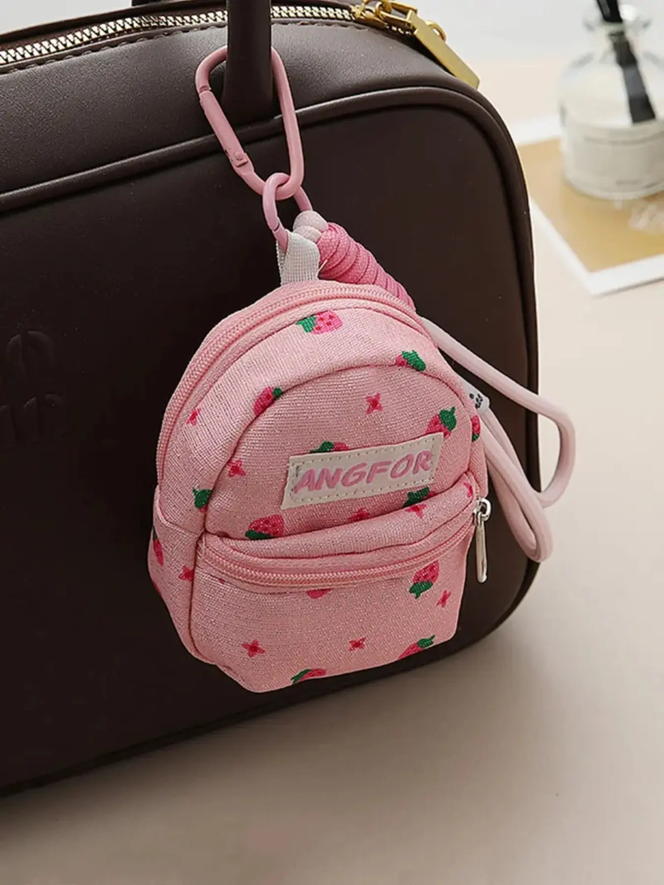 Pink Strawberry Mini Backpack Keychain Pouch - Kawaii Canvas Earbud Storage Bag with Carabiner & Wrist Lanyard, Cute Multi-Purpose Bag Charm for Teens & Girls!
