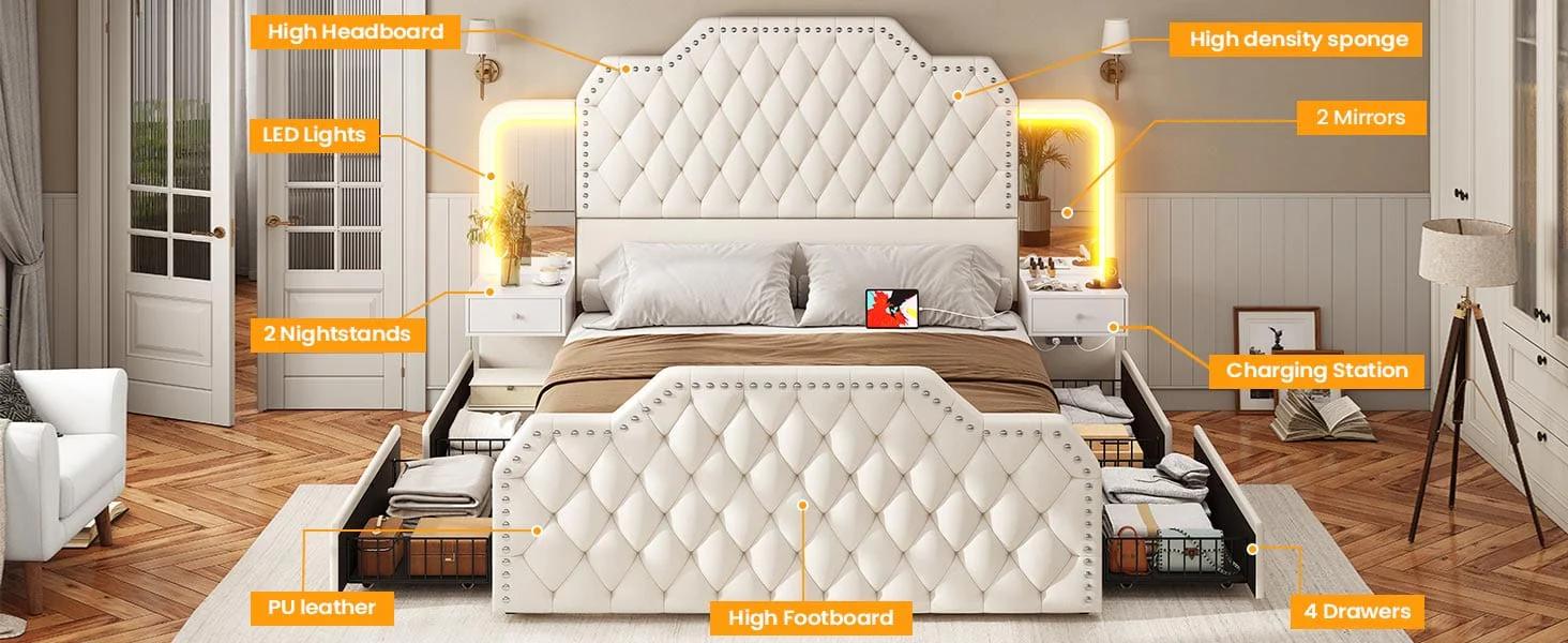PU Leather Upholstered LED Bed Frame with 2 Nightstands White Bedframe Bedroom Furniture Headboard