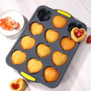 12 Cup Heart Shaped Silicone Muffin Pan – Nonstick 2.5 Inch Fillable Heart Mold with Hollow for Jam, Chocolate, Pudding – Diamond Pattern Baking Tray