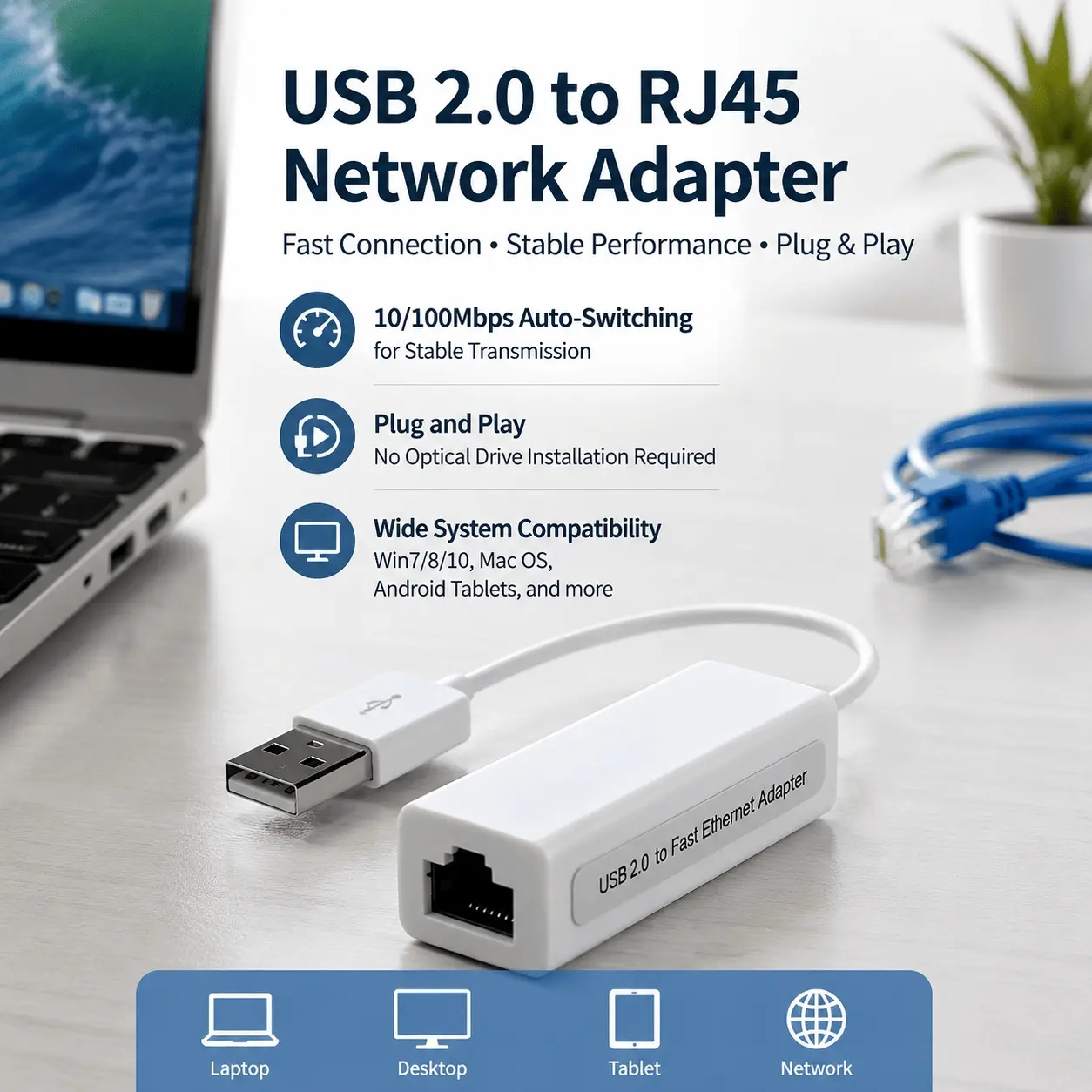 USB to RJ45 Ethernet Adapter, Plug & Play, No Driver Needed, Portable, Fast & Stable Wired Connection, Anti-Slip Dust-Proof Design, Ideal for Laptop, PC, Dorm, Office