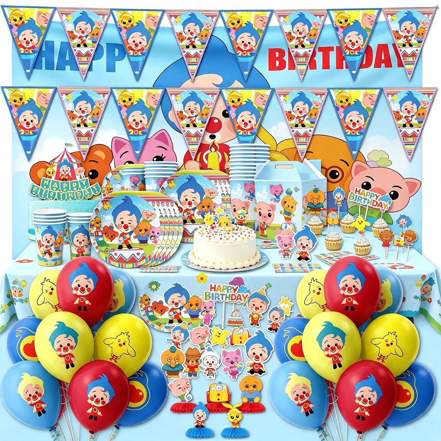 Cartoon Clown Theme Kids Birthday Party Decor, Baby Shower Setup, Tablecloth, Plates, Cups, Banners, Balloons, Cake Pops, Indoor Outdoor Use