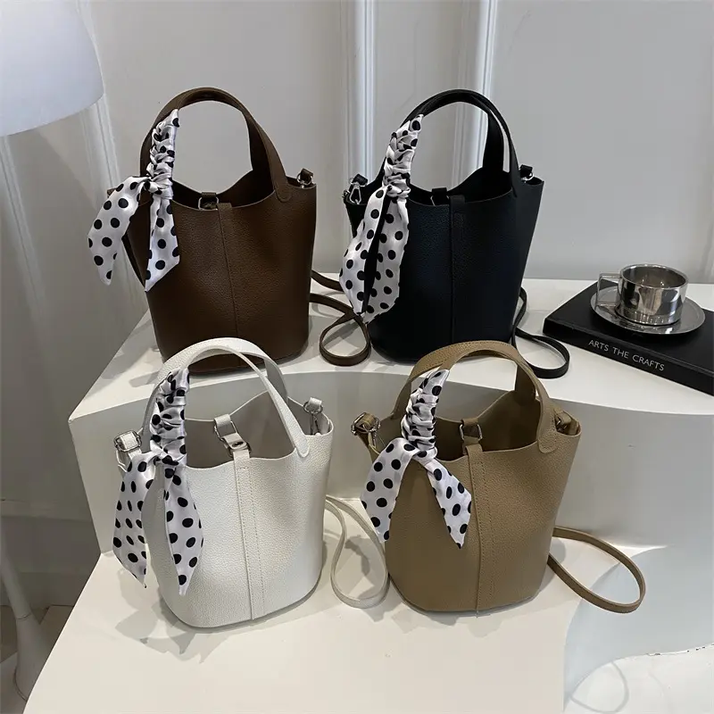 2026 Women Bucket Bag Top Handle Purse with Adjustable Shoulder Strap, Elegant Crossbody Handbag with Scarf Detail, Fashion Small Bag for Work, Shopping, Travel, Dating and Everyday Outfits