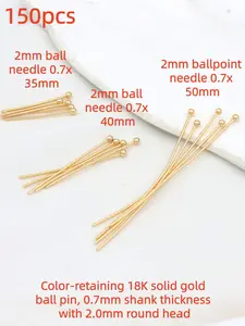 150pcs 18k Ball Head Pins, 35/40/50mm Mixed Lengths, 0.7mm Wire Gauge, 2mm Ball Head, Anti-Oxidation DIY Jewelry Supplies