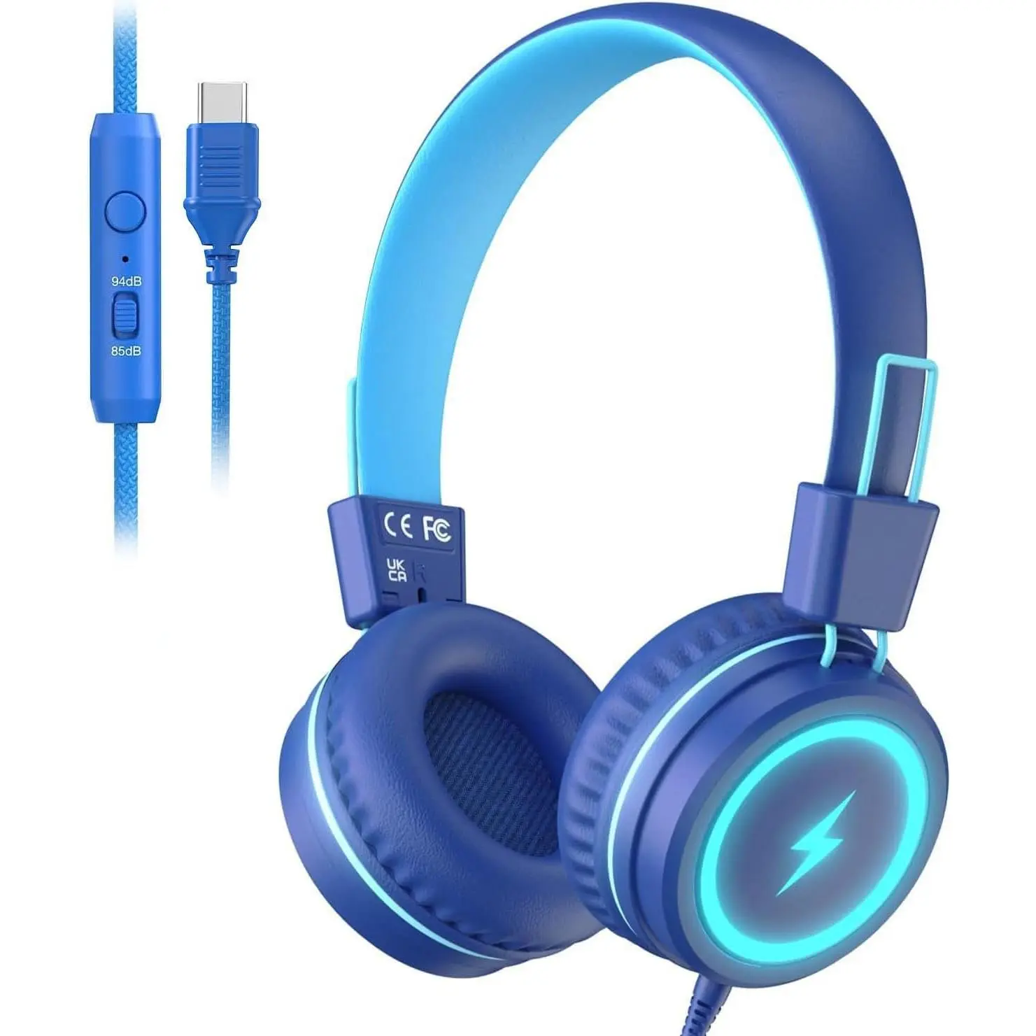 Headphones for School, USB Type C  Headphone with LED Lights, Wired Boys Girls Headphones with Safe Limiter 85dB/94dB, Foldable  Ear Headphones with Microphones for Girls, Boys, iPad-Blue