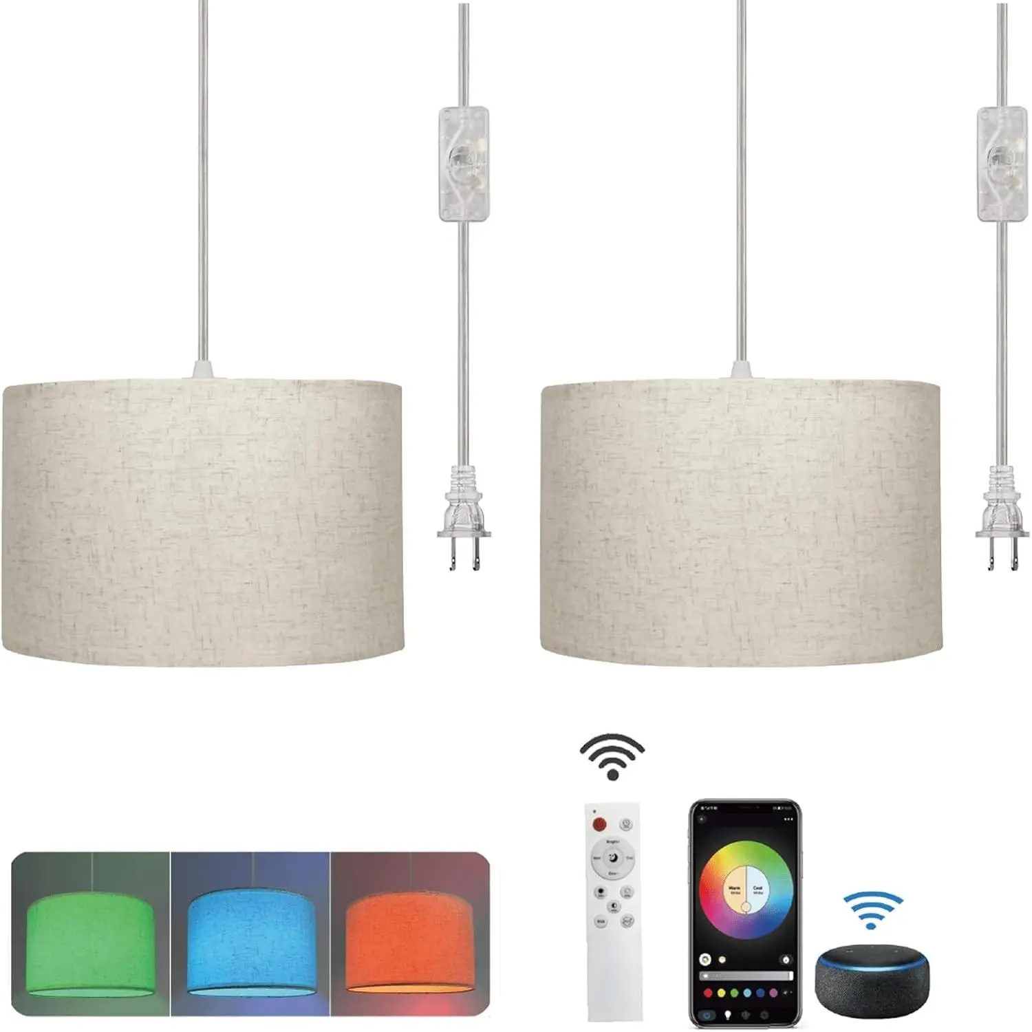 Hanging Lamp Plug-in Pendant Light 2 Pack with Remote Control, 15Ft Cord, Beige Shade, Ceiling Light for Bedroom, Kitchen, Living Room, Dining Table