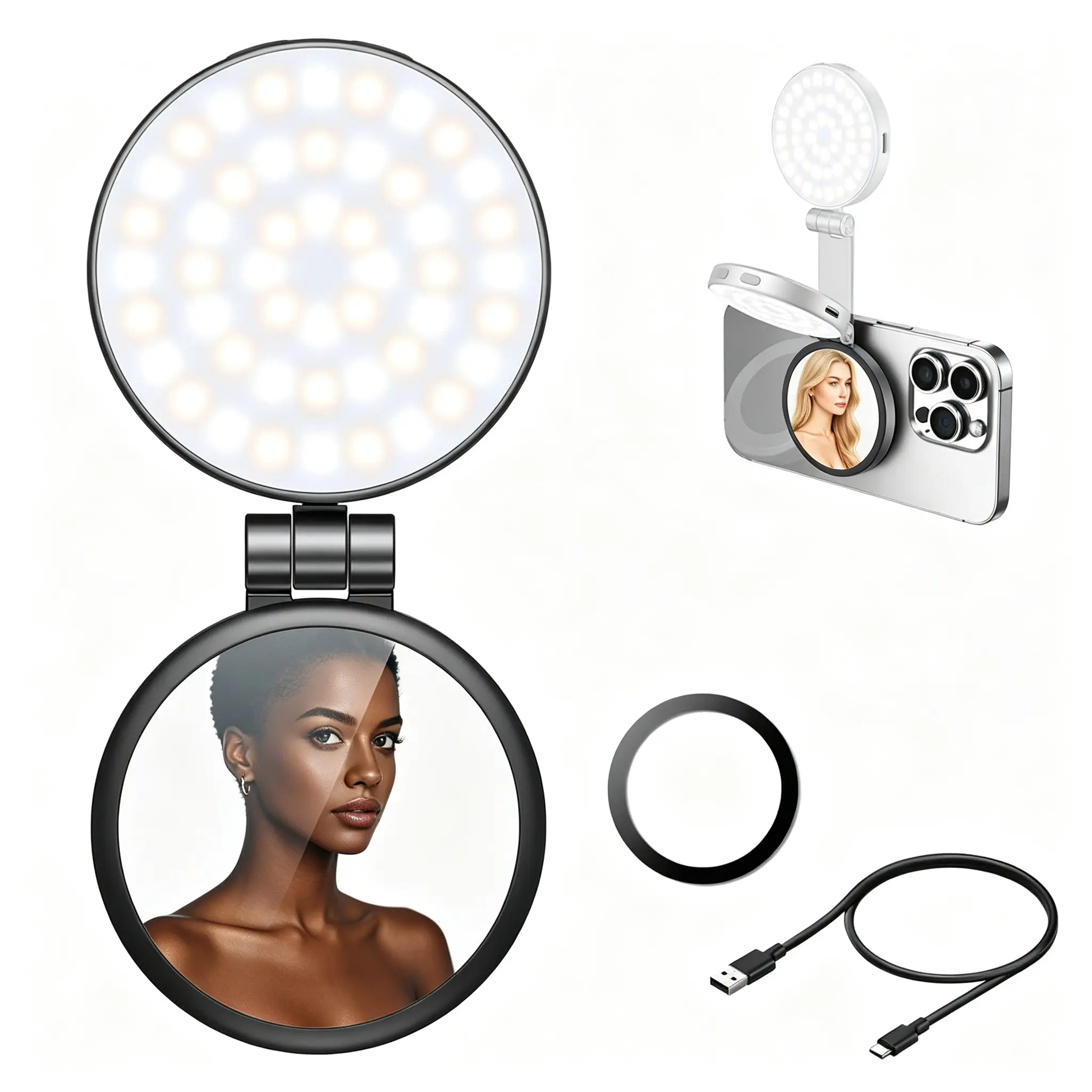 MagSafe Magnetic Selfie Fill Light, Rechargeable LED Fill Light, with Mirror, Compatible with MagSafe iPhone for Vlog/Video Recording/Photography