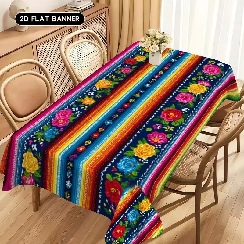 2D Flat Party Tablecloth 1pc, Colorful Ethnic Floral Striped Pattern, Washable, Perfect for Parties, Picnics, Dinner Decor, Mexican Theme Party