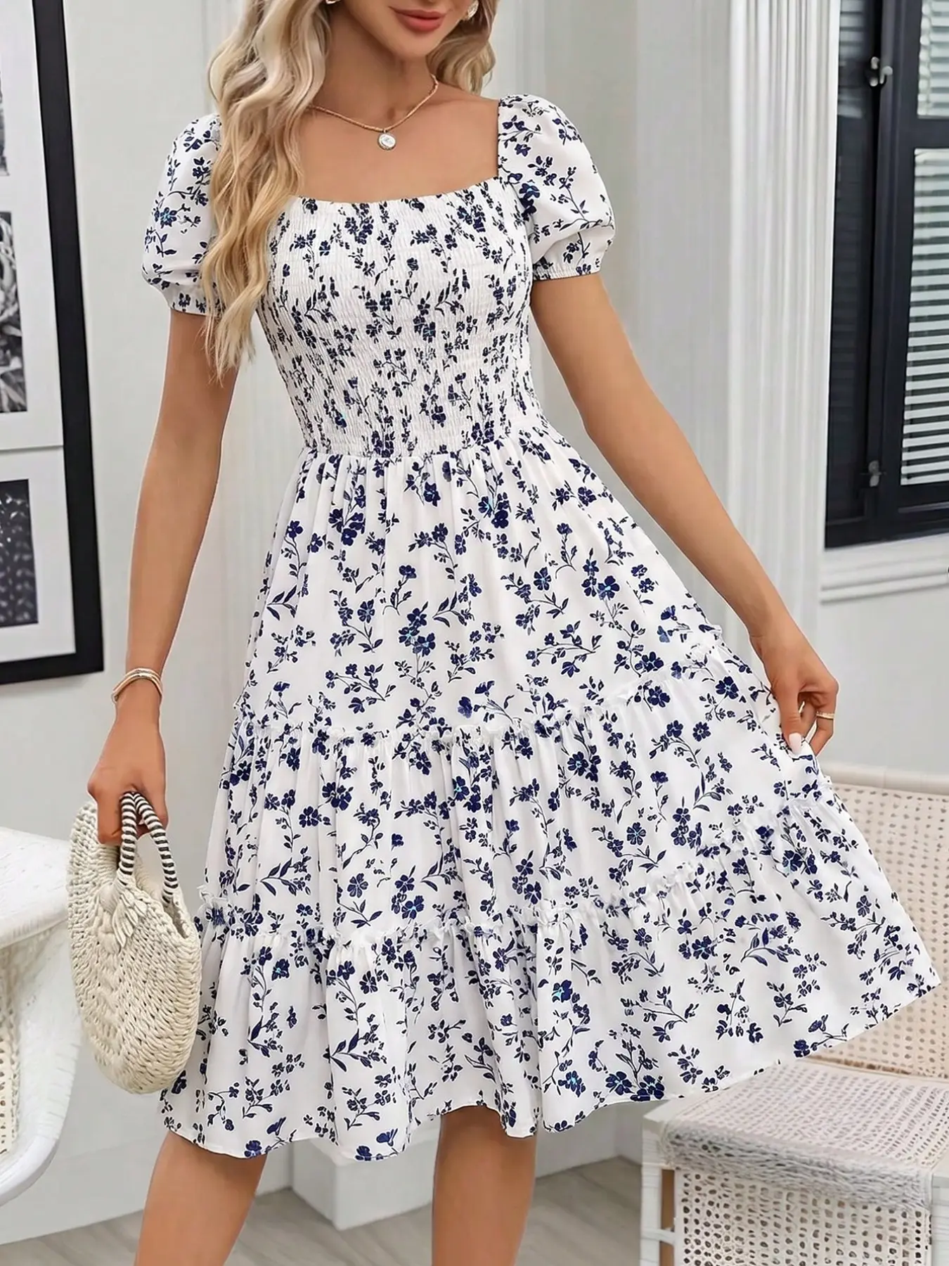 Women's Fresh Blue Floral Dress, Square Neck Bubble Sleeve Waist Cinch Cake Dress, Lightweight Breathable Print Midi Dress, Summer Vacation Casual Chic Bohemian Daily Wear