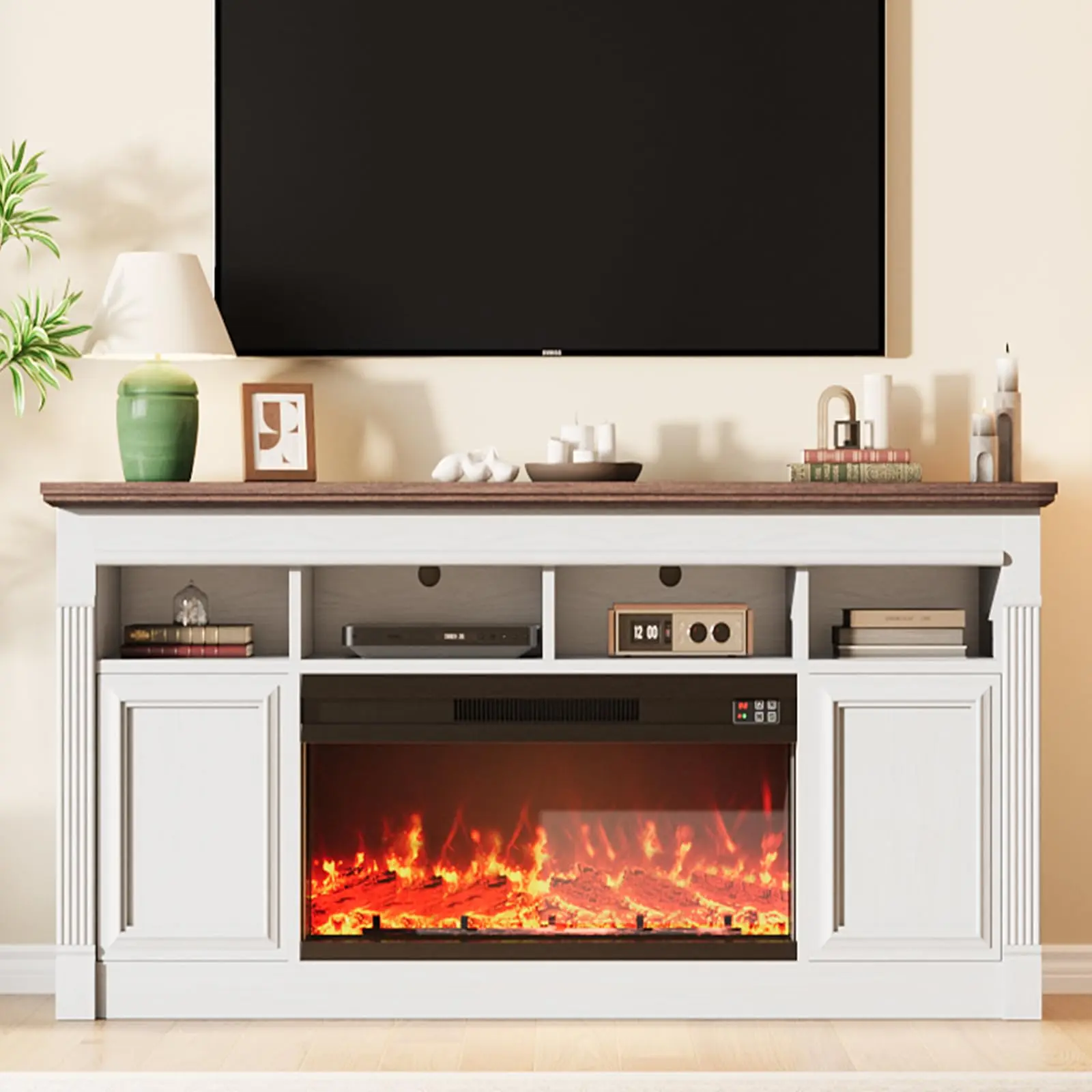 Farmhouse Electric Fireplace TV Stand - 36" Wide Wood Finish Media Console, Single Unit Entertainment Center with Storage Space for 67-68" TVs, Living Room Furniture