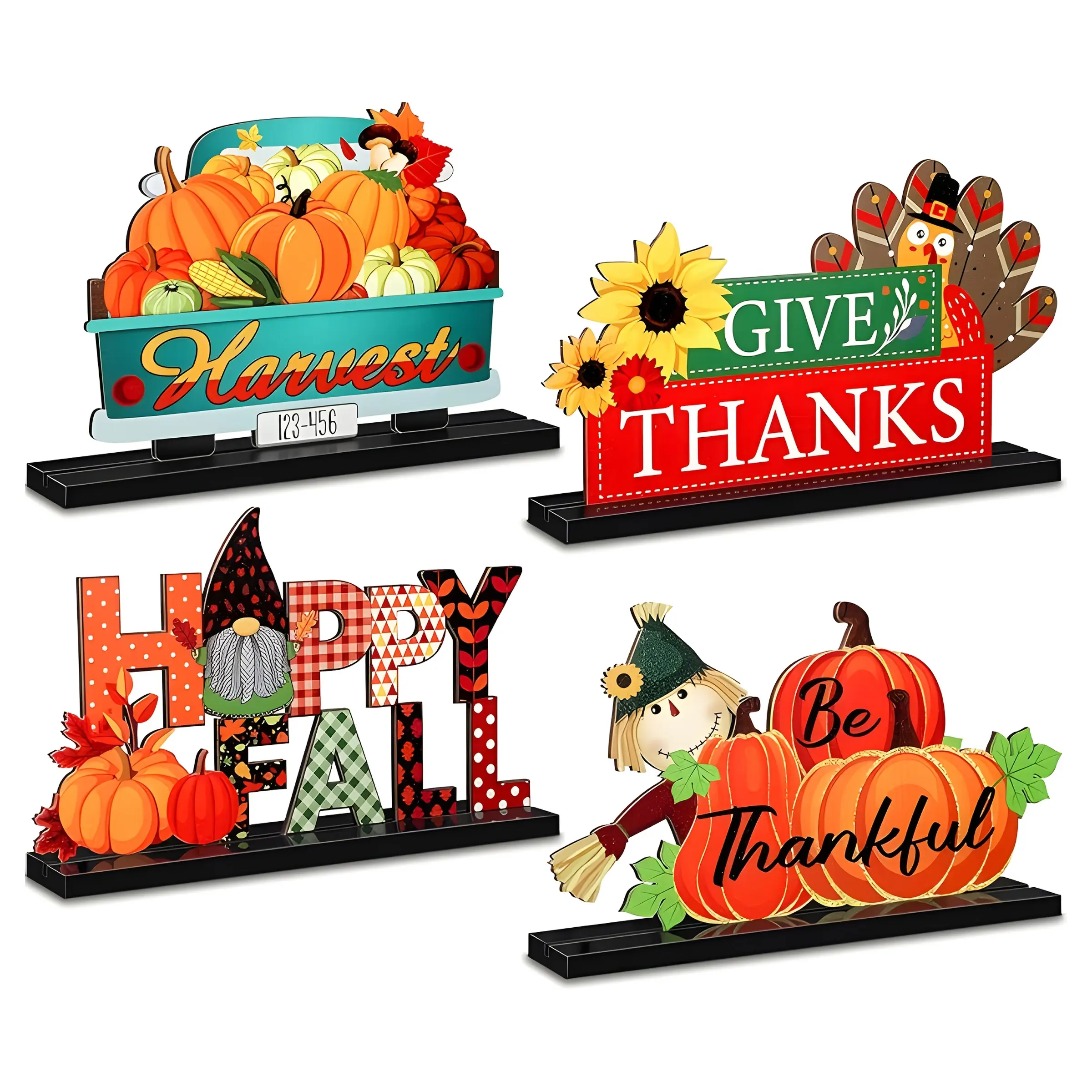 2D Flat 4 Pieces Thanksgiving Decorations, Happy Autumn Wooden Tabletop Ornaments, Pumpkin Turkey Scarecrow Shaped Harvest Table Decor for Thanksgiving Party Supplies