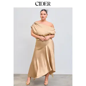 Cider [3 colors, size 0-24] Satin Asymmetrical Neck Ruffle Maxi Dress Curve & Plus Dealsforyou