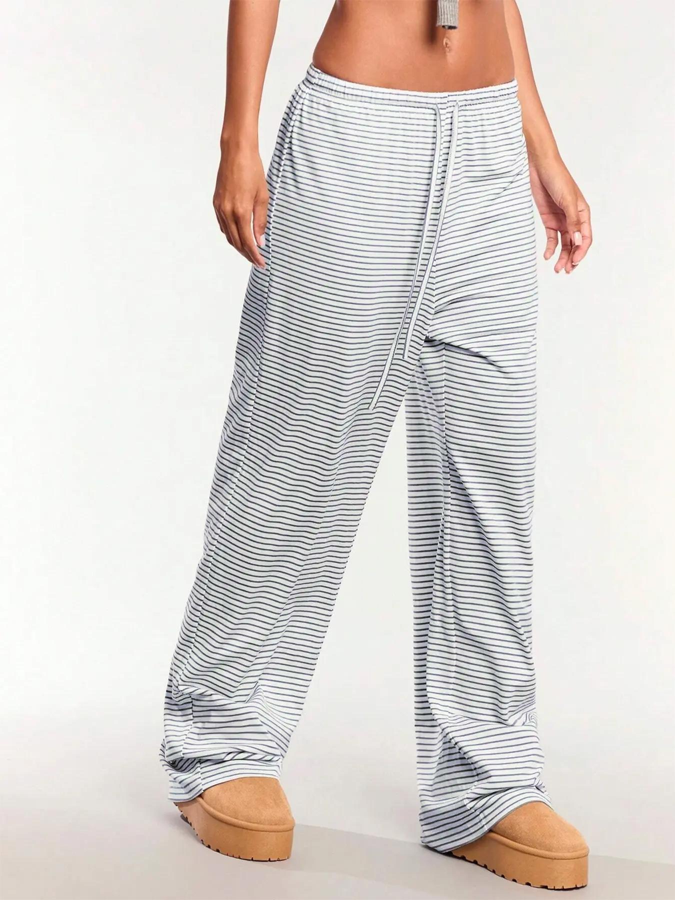 Women's Striped Print Drawstring Waist Pants, Casual Comfy Trousers for Daily Wear, Ladies Bottoms for Fall