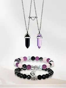 4-Piece Couples Natural Stone Jewelry Set: Magnetic Heart Necklaces & Beaded Bracelets | Amethyst & Black Crystal Matching Set | Mood-Soothing Accessories for Valentine's & Birthday