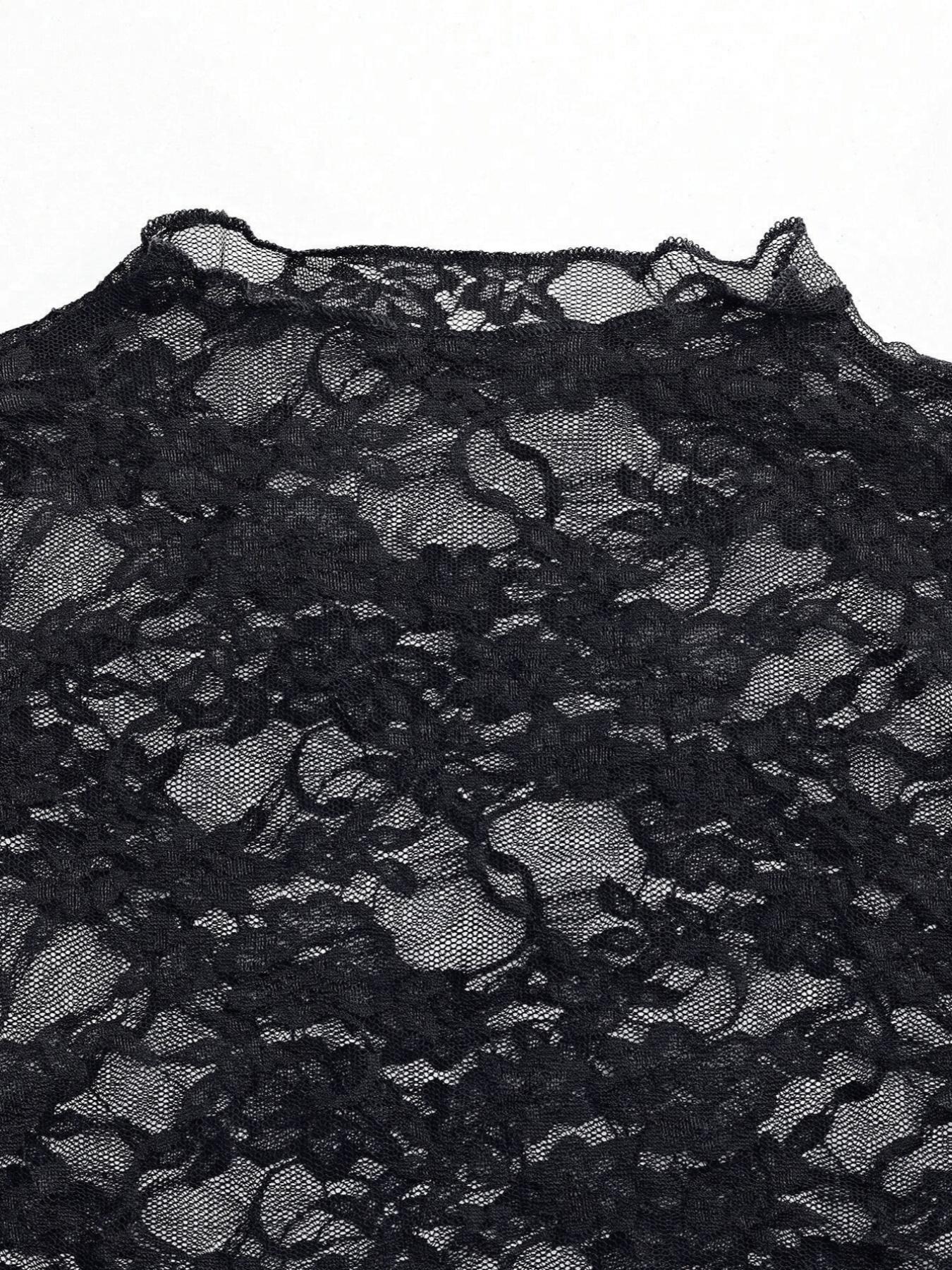 Women's Sheer Mock Neck Floral Lace Top, Fashion Long Sleeve Lettuce Trim Top for Daily Outdoor Wear, Ladies Clothes for All Seasons Womenswear