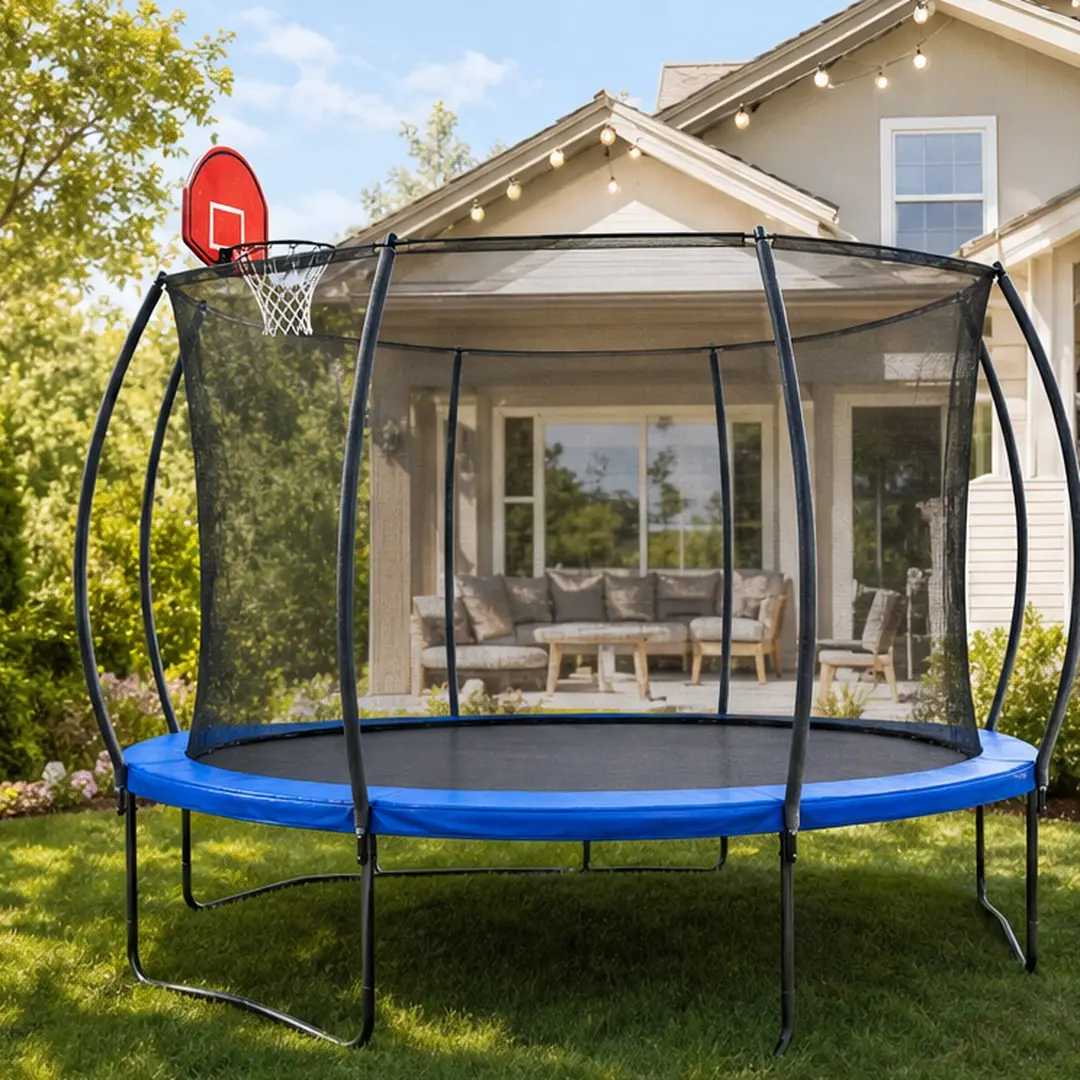 ARCH 14FT Outdoor Trampoline with Basketball Hoop, Enclosure Net and Ladder, Heavy Duty Galvanized Steel Frame, 80 Springs, Anti-UV Net, for Garden Backyard Kids Adults, Black Blue, Black+Blue Color Options, Metal Material, Sporty Style