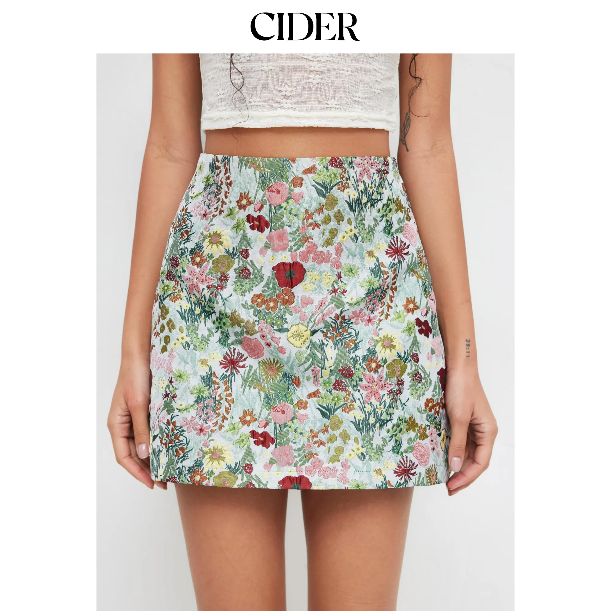 Cider Jacquard Mid Rise Floral Zipper Mini Skirt Cider Jacquard Mid Rise Floral Zipper Mini Skirt