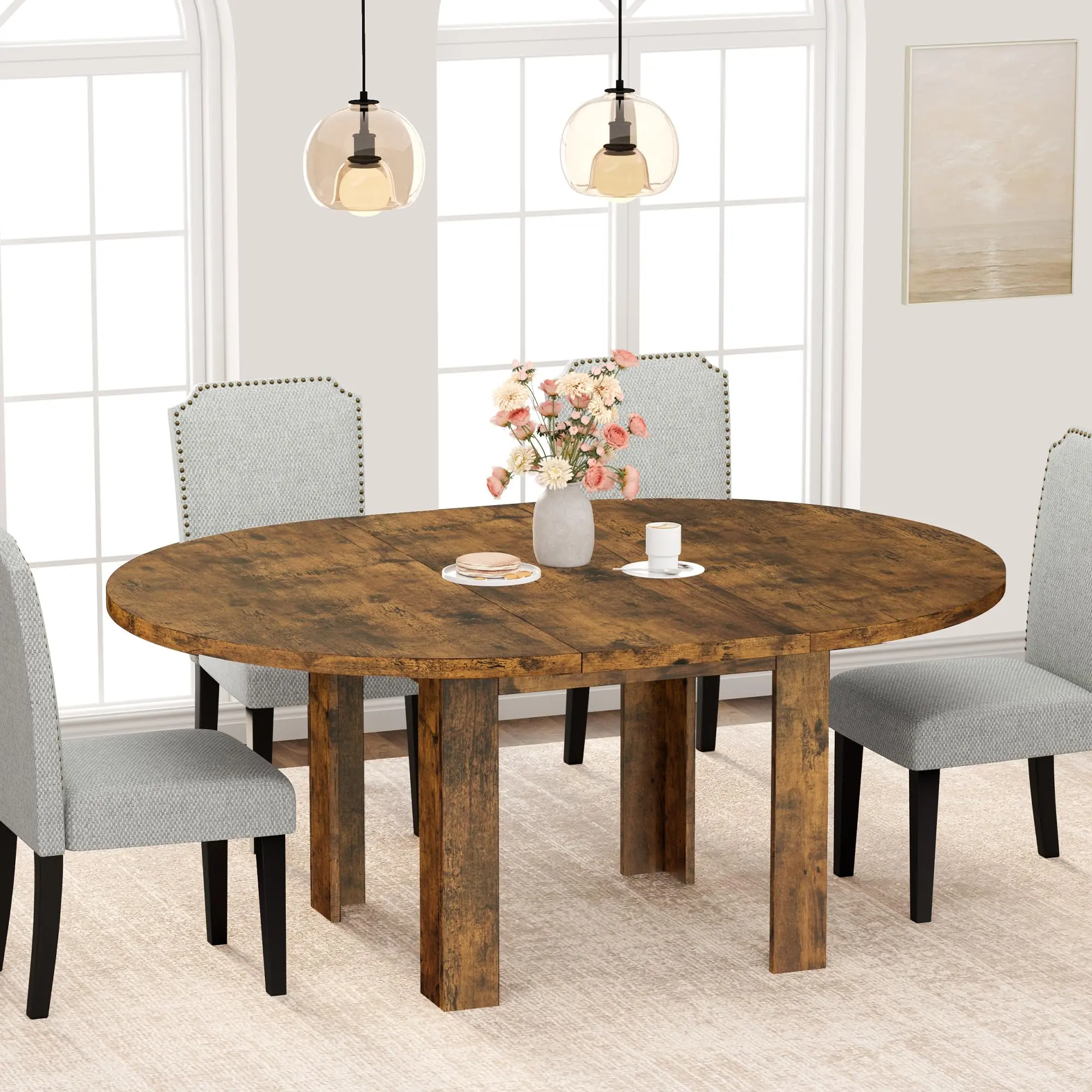 Vintage Extendable Dining Table for Small Spaces – Farmhouse Kitchen Table for 4-6, Space Saver Dining Table for Kitchen, Apartment Living Room, Only Table