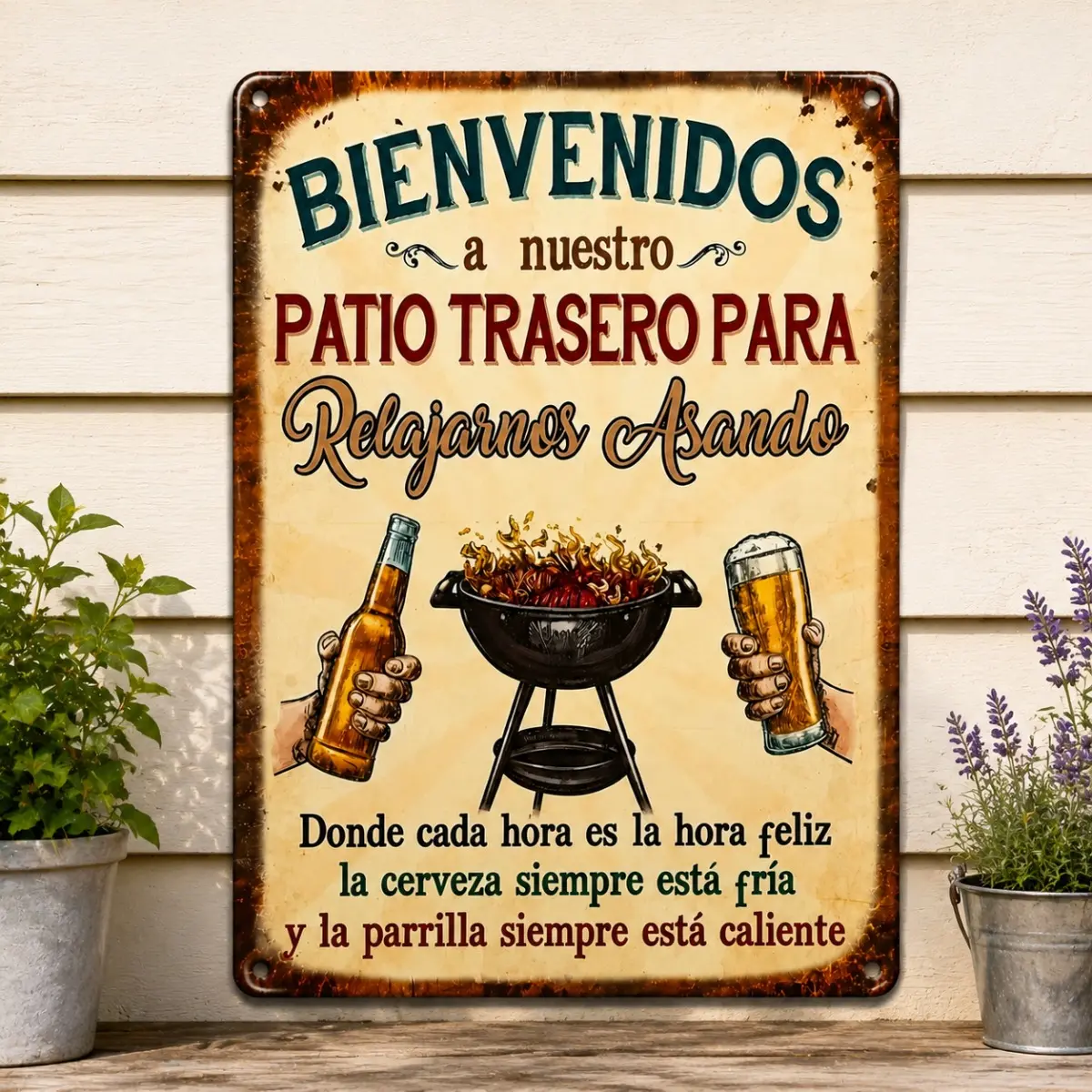 Vintage Retro Mexican Metal Patio wall Sign, 8x12in Decorative Hanging Plaque - Bienvenidos Spanish Welcome Gift for Outdoor Garden Backyard BBQ Bar Grill Party Home Decor, Artwork