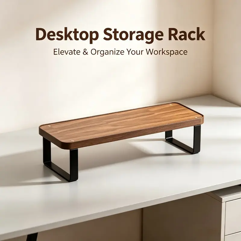 Minimalist Walnut Wood Desktop Storage Riser Two-Tier Desk Organizer Monitor Stand with Sturdy Black Metal Legs Free Up Your Workspace Perfect for Office Study Vanity Countertop Storage