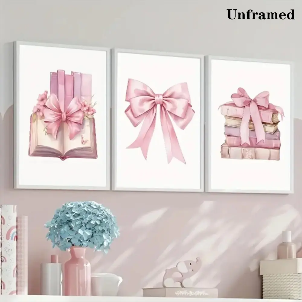 3pcs Sweet Style Pink Canvas Posters, Frameless, Books, Bows, Flowers, Suitable for Decorating Murals on Home, Office, Kitchen Walls, for Home Decoration