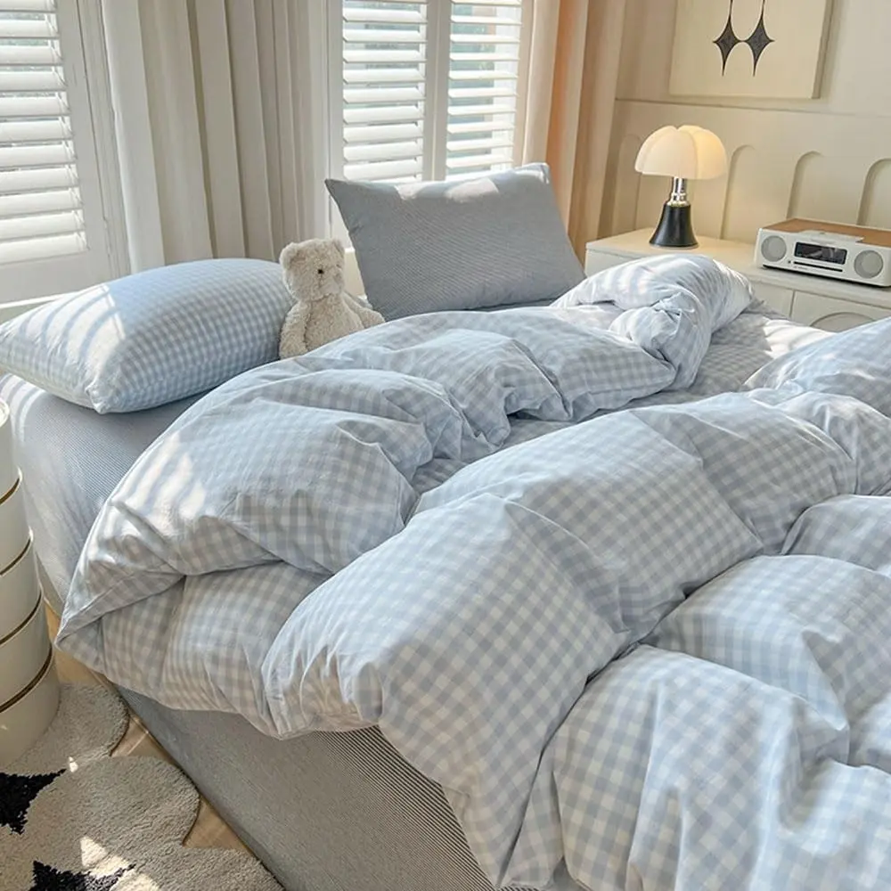 Blue Gingham Comforter Set Queen Size Plaid Checkered Comforter 3 Pcs Soft Lightweight Grid Farmhouse Dorm Bedding Set for All Seasons (1 Comforter, 2 Pillowcases)