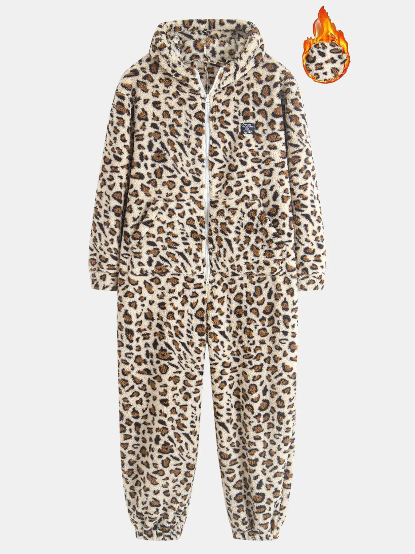 Men's Leopard Print Fleece Hoodie Romper, Warm Sports Wear with 2 Zipper Designs, Comfortable for Home and Outdoor Activities