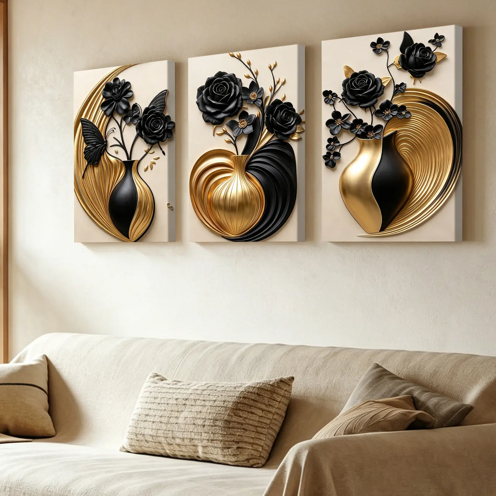 3Pc Wooden Framed Canvas Wall Art, Black Rose Flower Vase Painting, Luxury Gold Floral Poster Print, Art Canvas Prints For Home Decoration, Wall Decor, High Quality Waterproof Painting, HD Artwork 12x16in