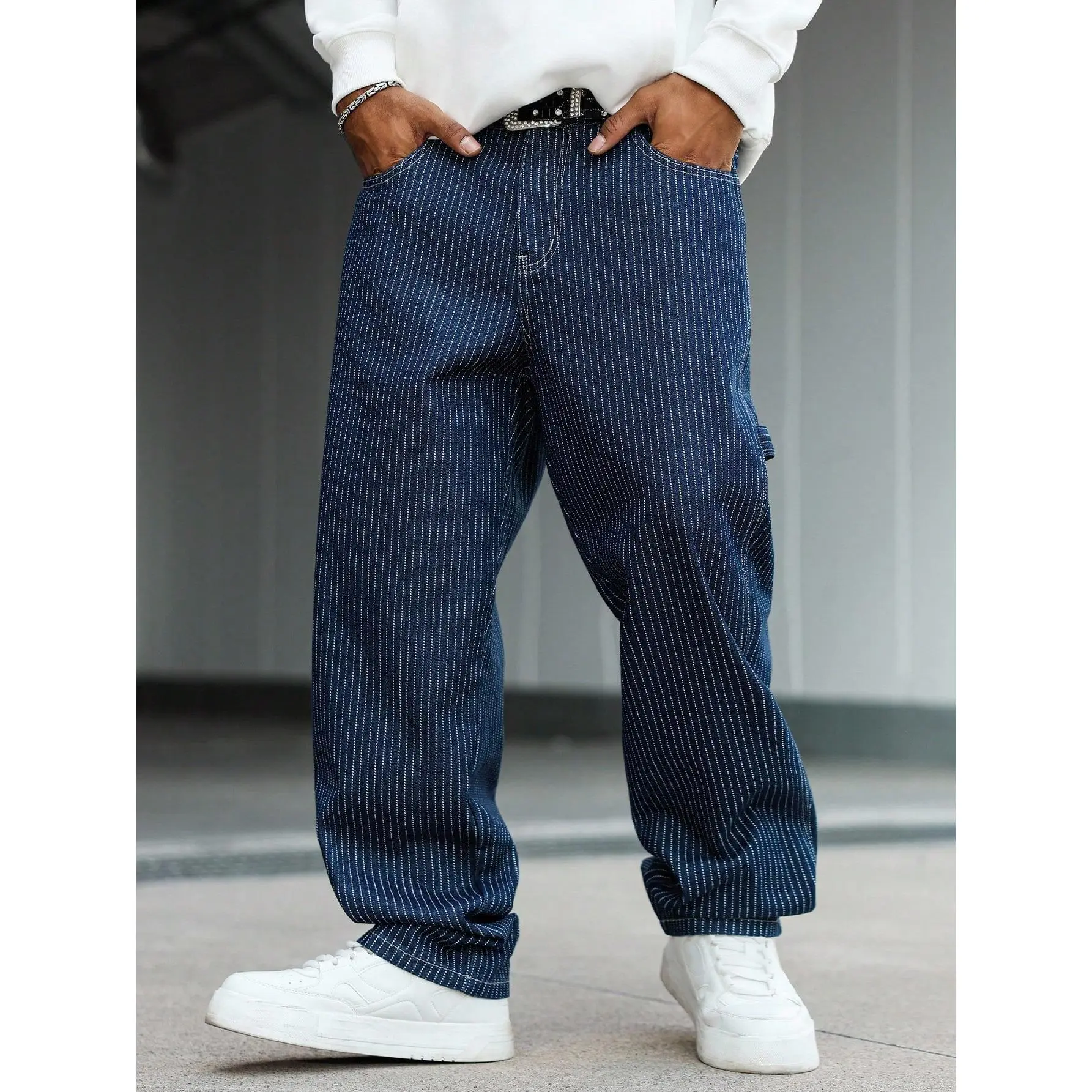 Vintage Men’s Pinstripe Wide Leg Denim Jeans – Relaxed Baggy Streetwear Pants, Y2K Inspired Loose Fit Trousers for Hip Hop Skaters, Washed Cotton Jeans for Everyday Urban Outfit Style