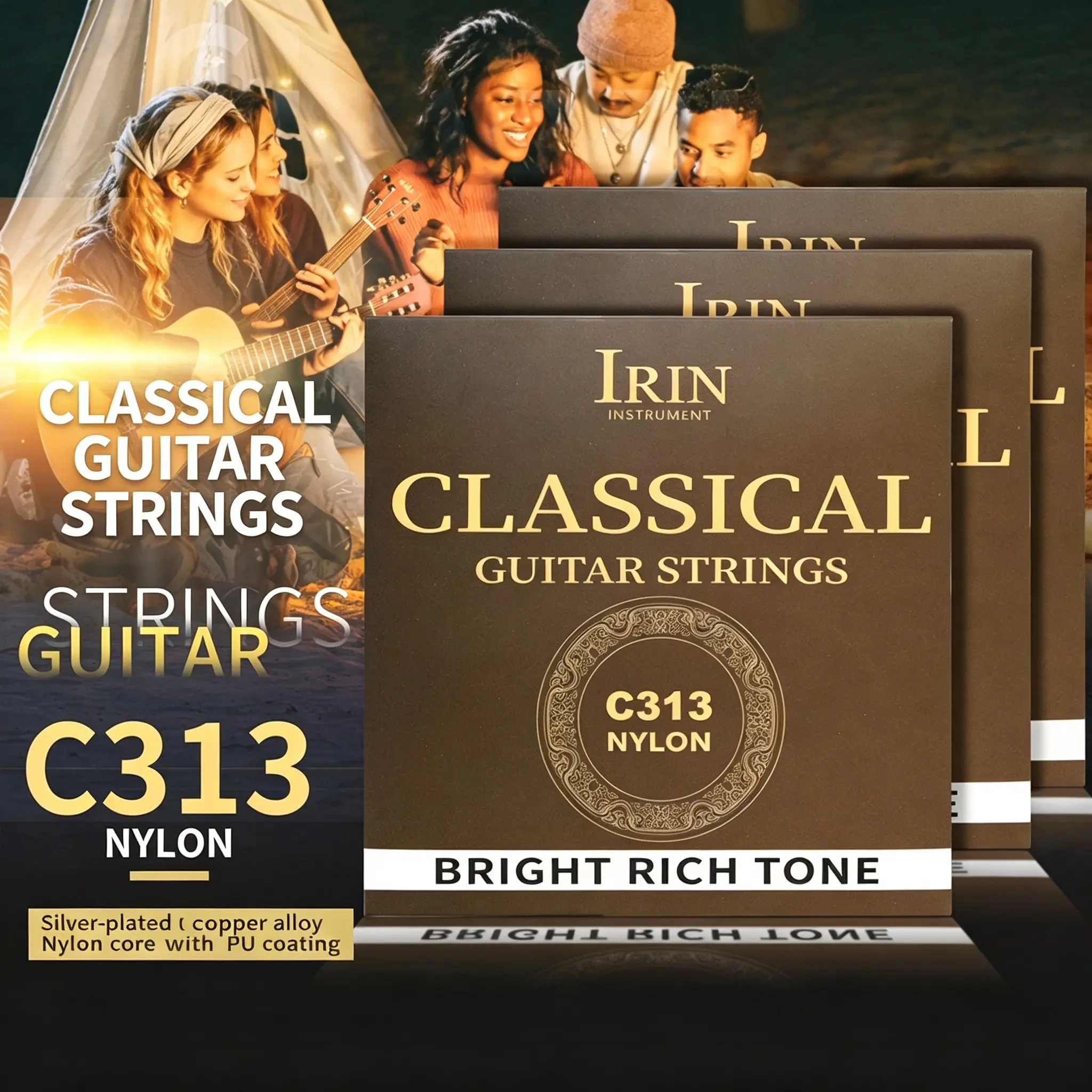 Irin C313 Classical Guitar Strings, Silver Color Copper Alloy Core, Nylon Outer, PU Coating, 6-Pack, Ideal for Beginners, Daily Practice, Lessons, Performances