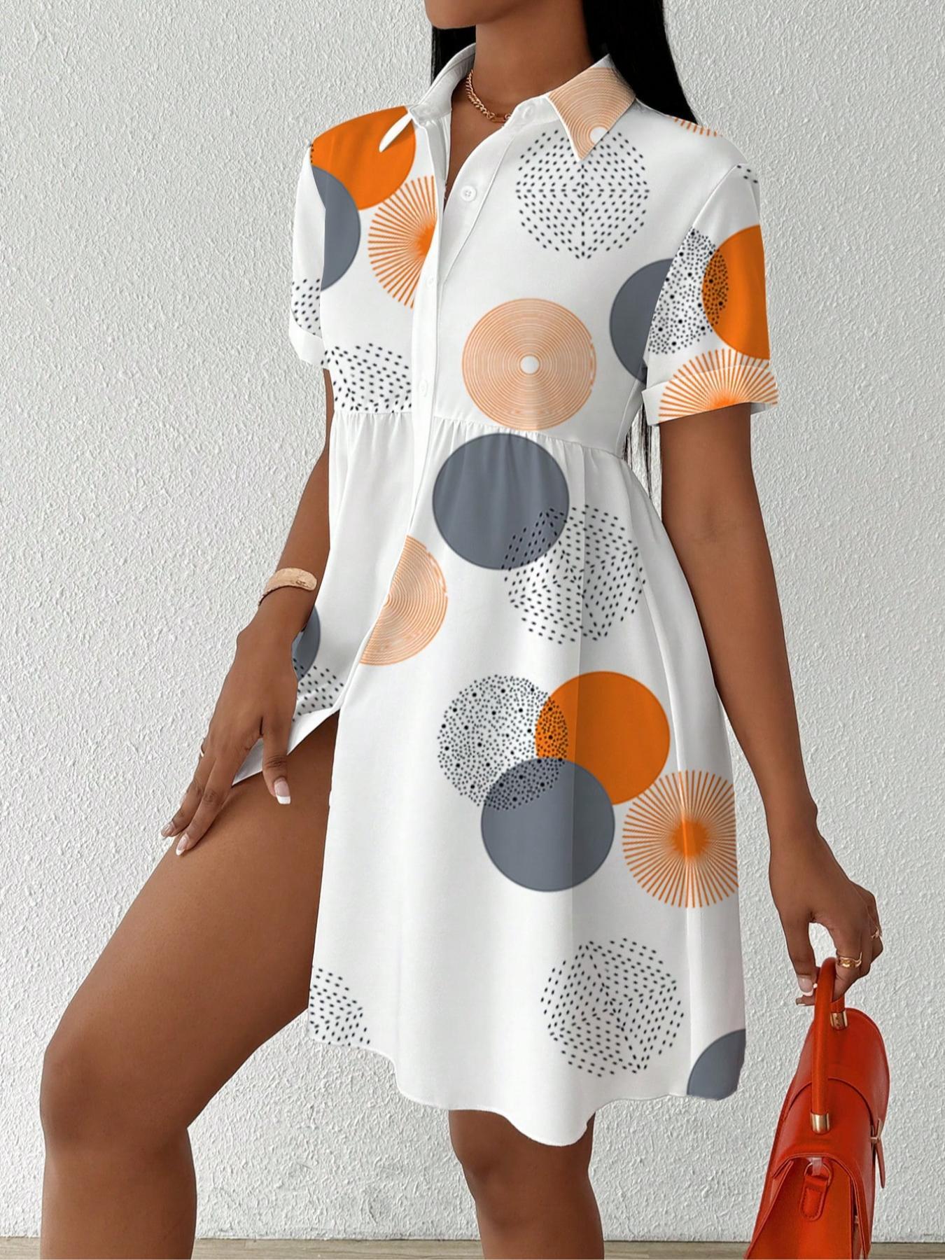 【Plus Size】 All Over Print Shirt Dress, Casual Short Sleeve Collared Dress for Summer, Women's Clothes for Daily Wear