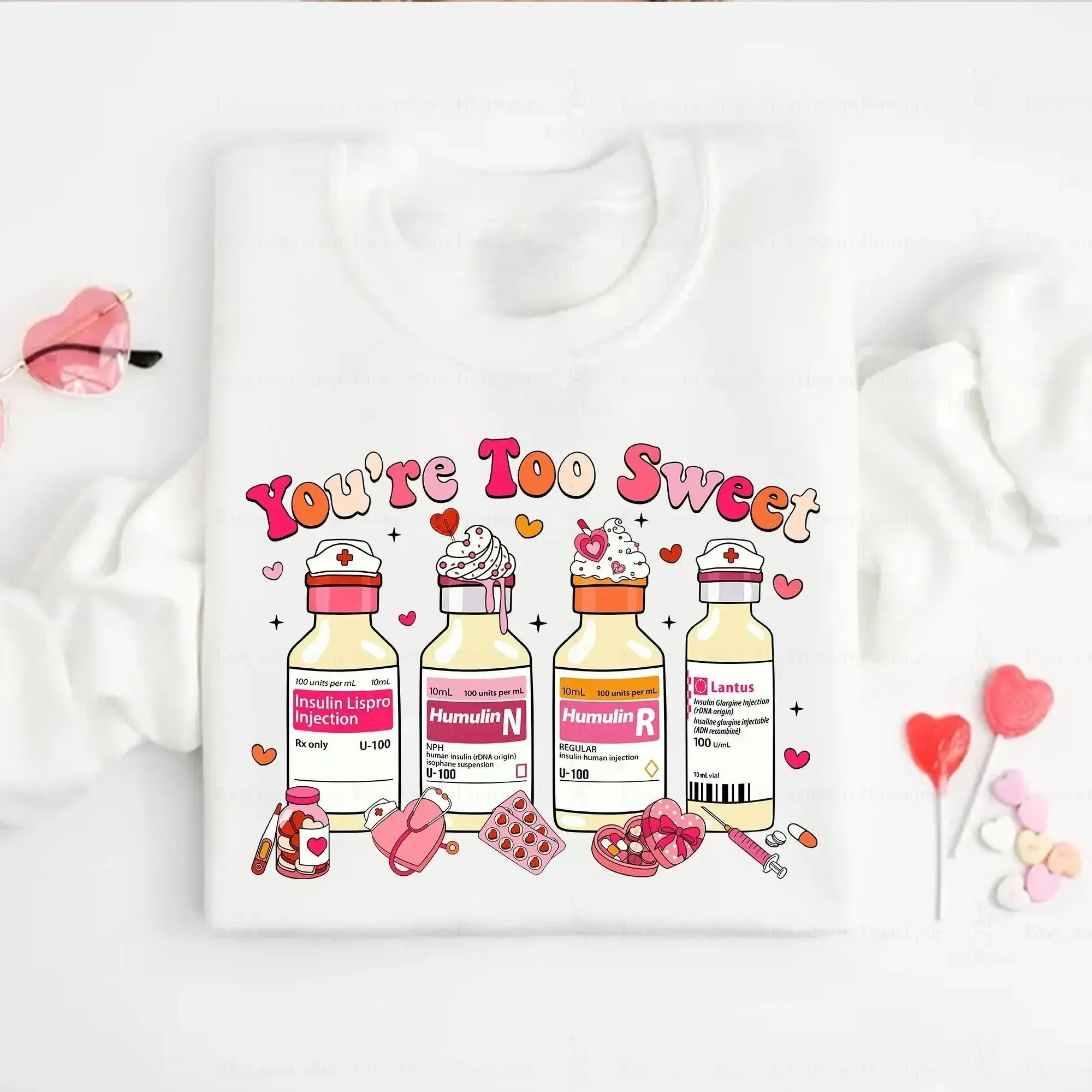 Women Vintage Graphic Sweatshirts You're Too Sweet Cute Insulin Bottle Diabetes Nurse Boho Valentines Casual 300gsm Unisex Crewneck Tops