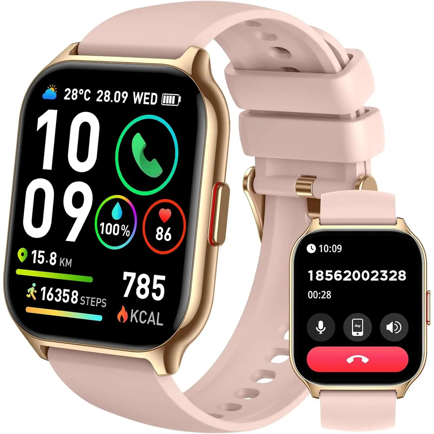 Fitness Smartwatch, 1.95" IP68, HR/SpO2/Sleep, Answer Call, Rose