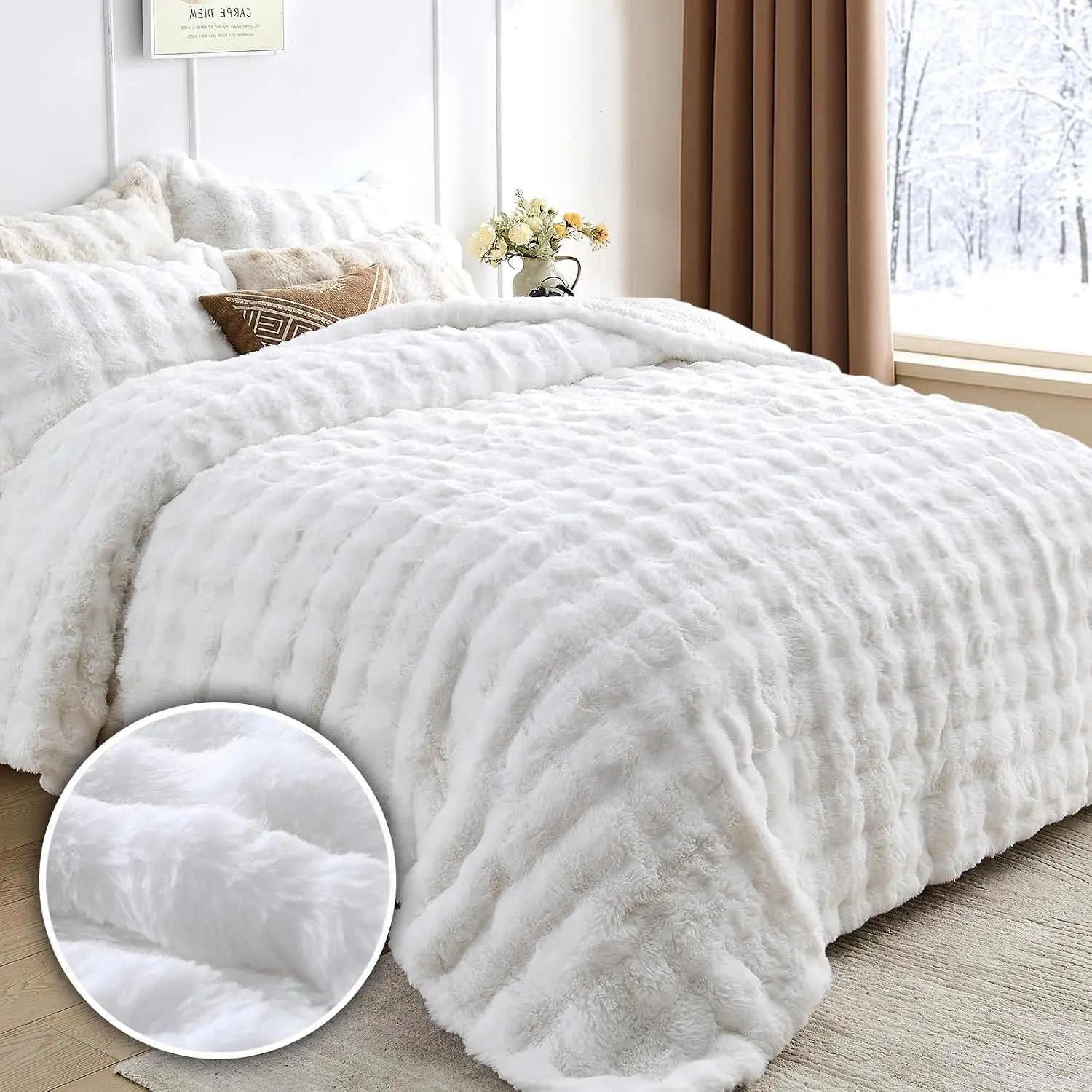 Faux  Bedding  Comforter Set Ultra Soft Plush Winter Solid Bubble Sherpa Reversible Comforters 3 count Sets with 1 Comforter 2 Pillow Shams White