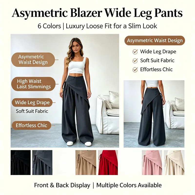 Women's Irregular Wrap Wide-Leg Suit Bottoms - High-Waist Adjustable Side-Tie Pants, Matching Blouses Compatible, Slimming Designer Trousers for Daily Office Day Wear, Casual, Drawstring, Comfortable, Button, Pants For Women, Wide-Leg Pants