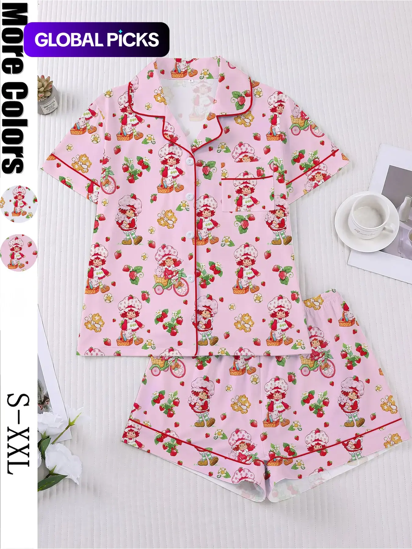 Women's Strawberry Cartoon Print Sleepwear Loungewear Pajama Set, Short Sleeve Button-Up Top & Elastic Shorts, Casual Home Wear for Daily Use #GLOBAL PICKS