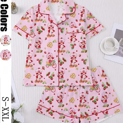 Women's Strawberry Cartoon Print Sleepwear Loungewear Pajama Set, Short Sleeve Button-Up Top & Elastic Shorts, Casual Home Wear for Daily Use #GLOBAL PICKS
