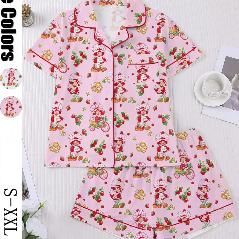 Women's Strawberry Cartoon Print Sleepwear Loungewear Pajama Set, Short Sleeve Button-Up Top & Elastic Shorts, Casual Home Wear for Daily Use #GLOBAL PICKS